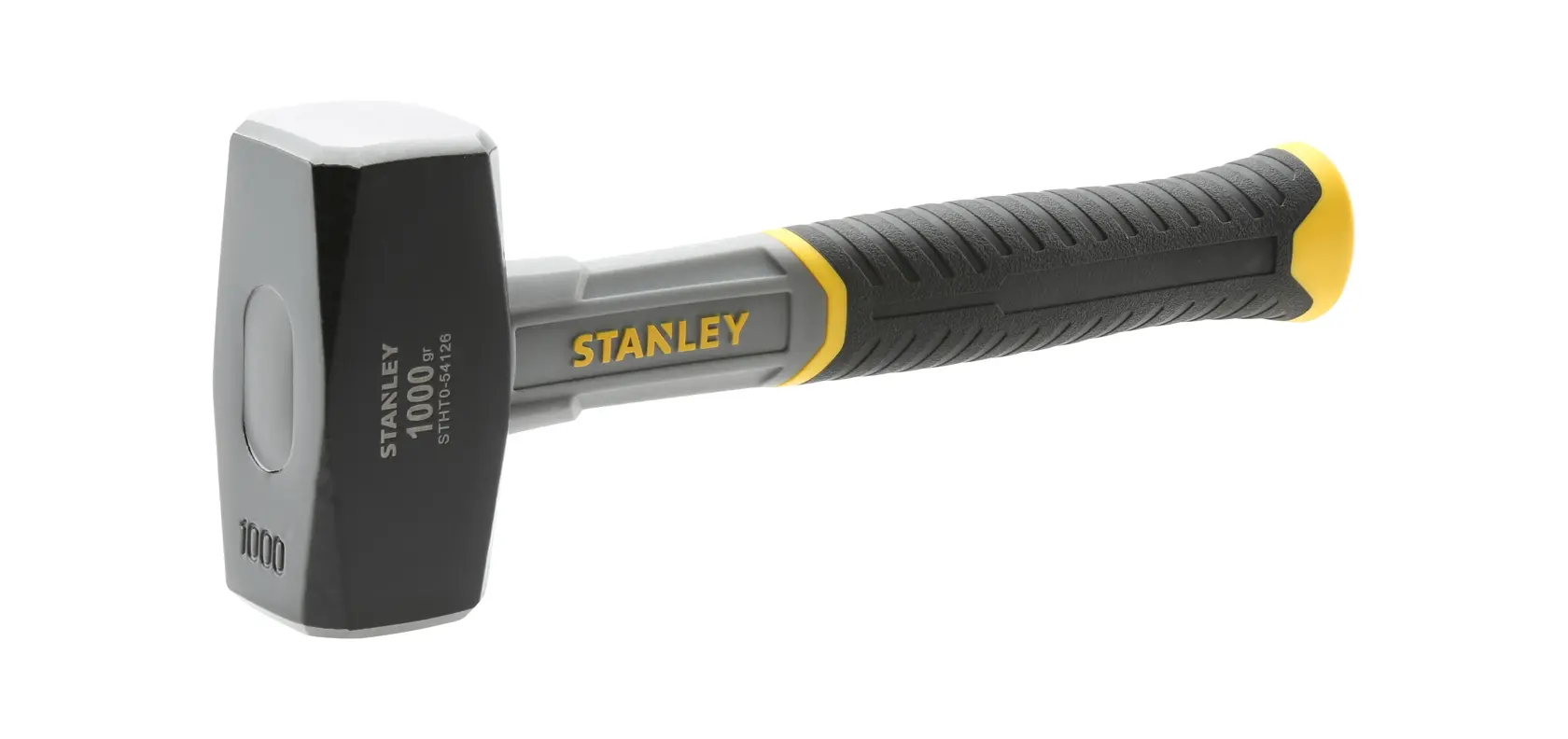 STANLEY STHT0-54126 club hammer, black and yellow grip, steel head, left angle on white background.