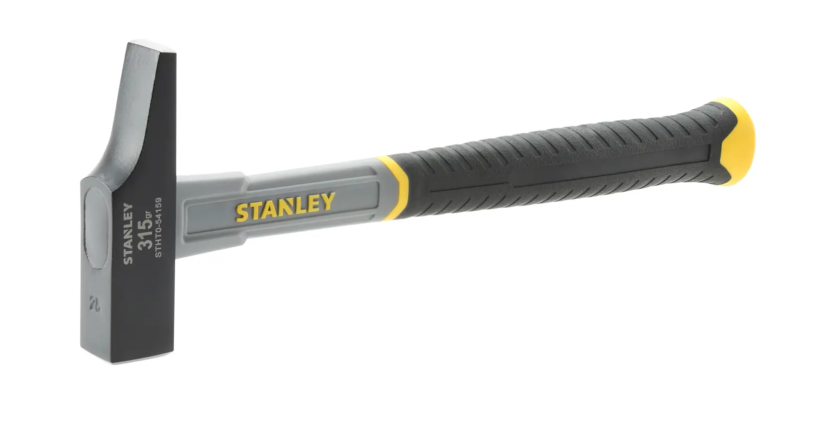 Stanley hammer STHT0-54159 with black and yellow handle and flat head, shown on white background.
