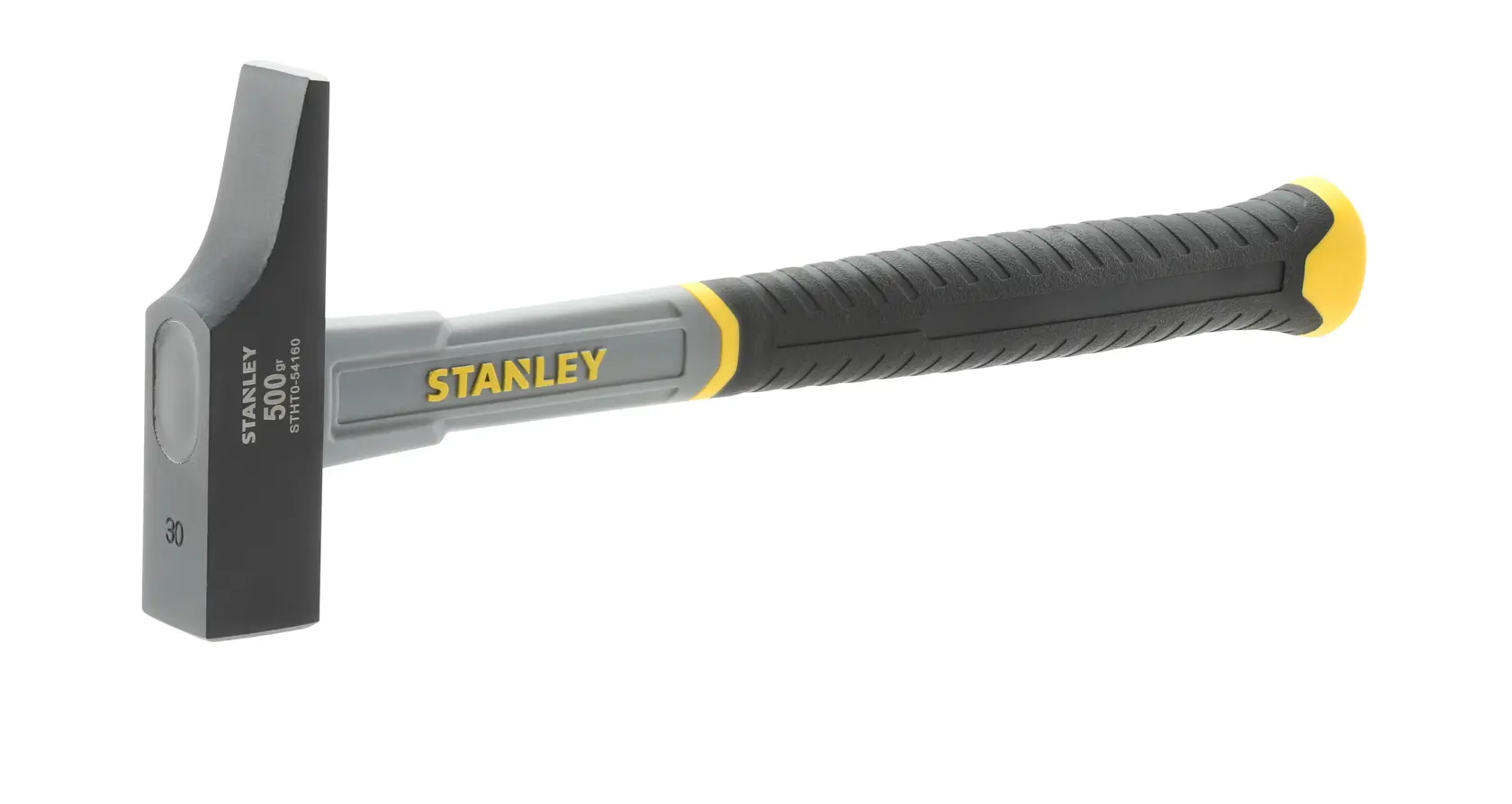Stanley hammer with black metal head and rubberized yellow and black grip handle on white background.
