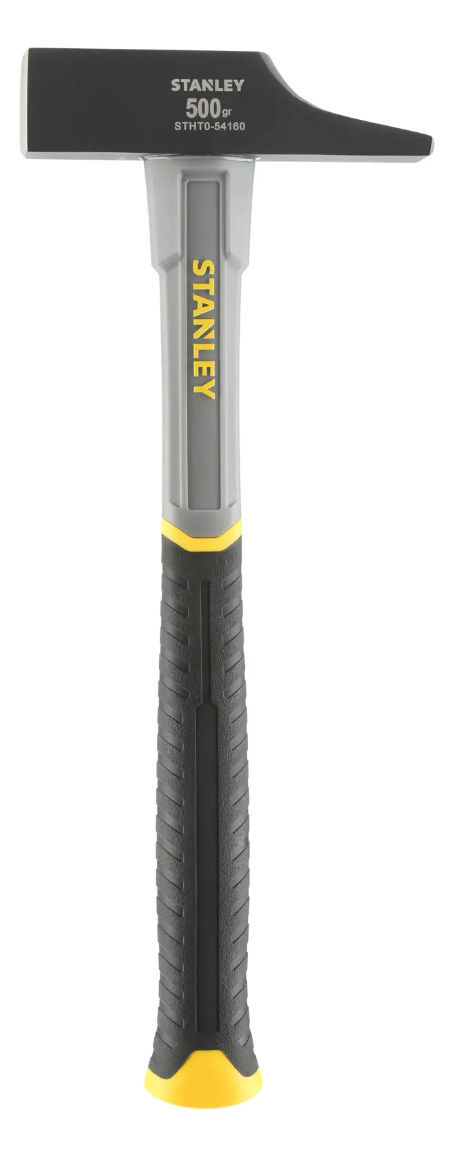 Stanley 500g hammer with black head, grey handle, yellow accents, STHT0-54160 model on a white background.