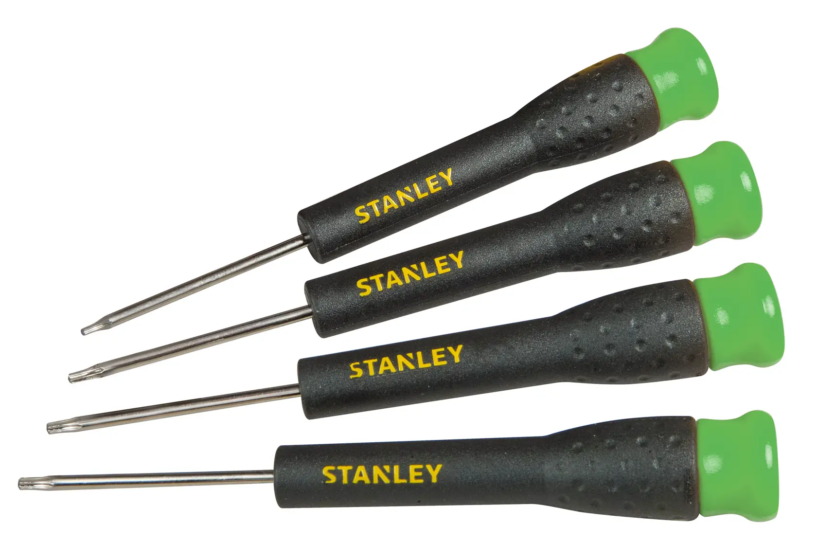 STANLEY STHT0-62630 precision screwdriver set with black handles and green end caps, side angle.