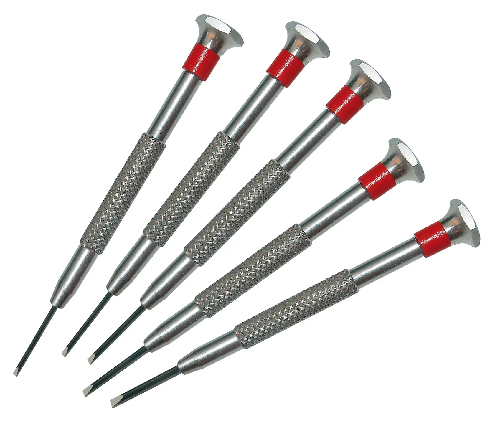 STANLEY STHT0-62686 precision screwdriver set, five-piece set, silver handles with red accents, top-down view.