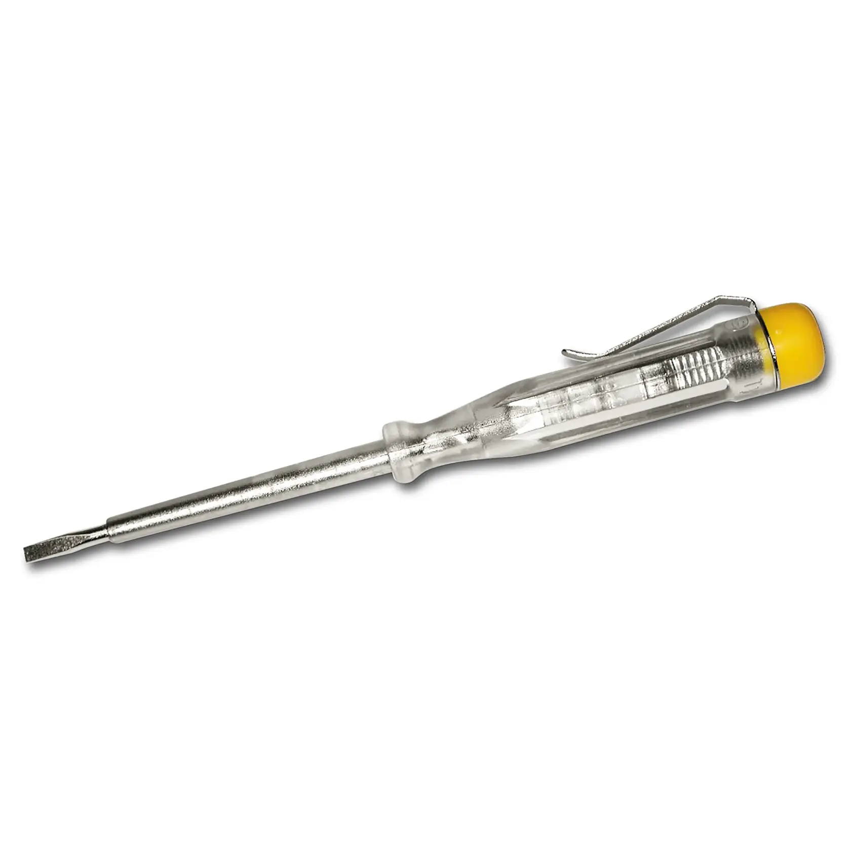 STANLEY STHT0-66121 voltage tester screwdriver with clear handle and yellow cap, side view on white background.