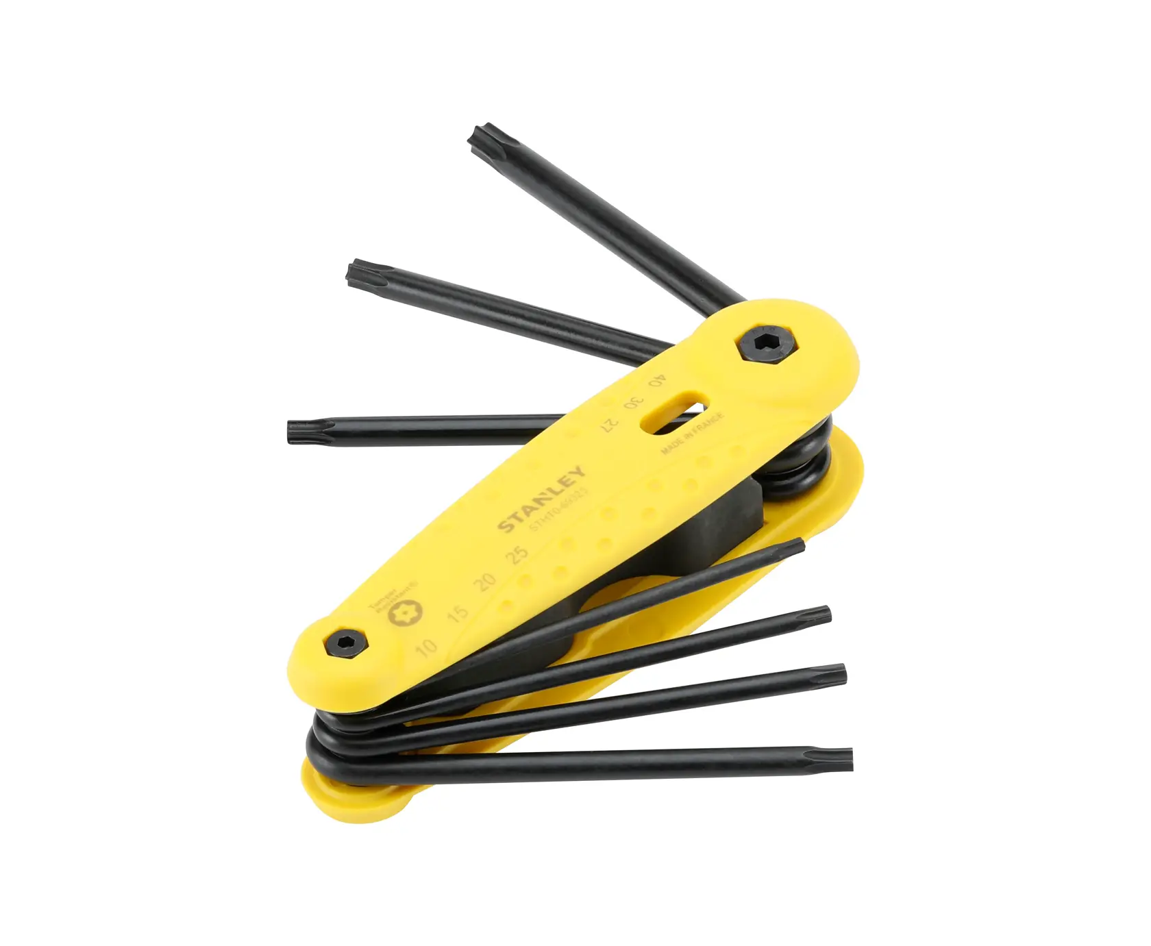 STANLEY STHT0-69323 folding Torx key set with yellow handle, fanned open, product photo on white background.