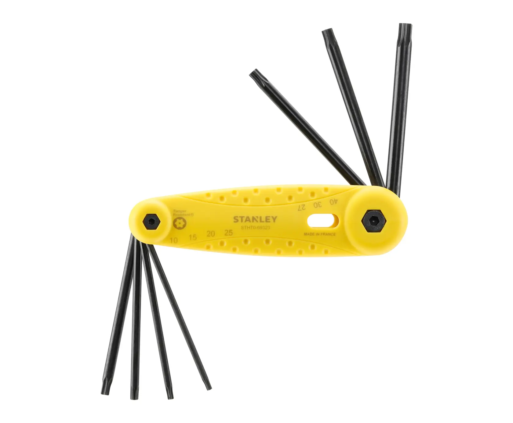Stanley STHT0-69323 yellow Torx key set with black folding blades, top view on white background.