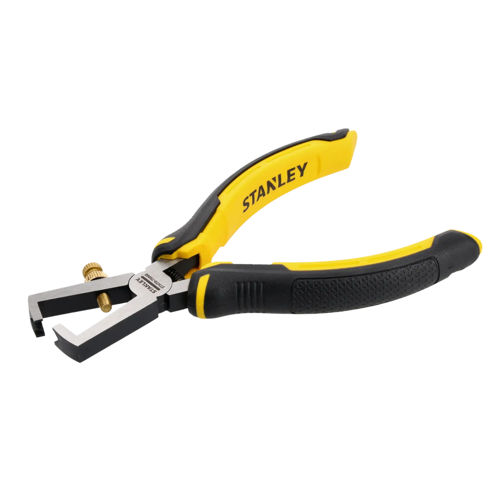 A Stanley-branded wire stripper tool with black and yellow ergonomic handles, featuring an adjustable screw for precision stripping.