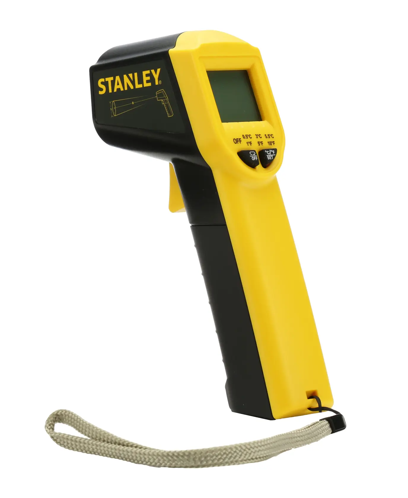 Stanley yellow and black infrared thermometer with display and wrist strap.