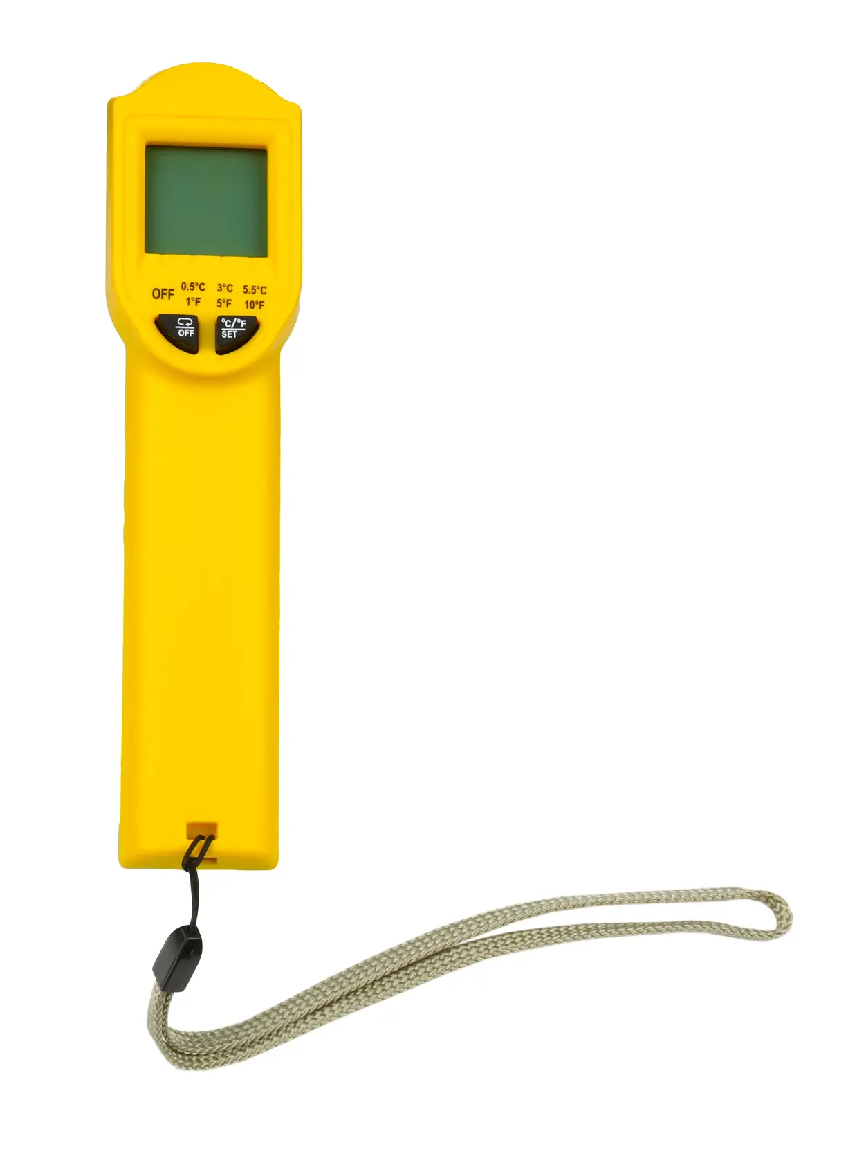 STANLEY STHT0-77365 yellow electronic thermometer with LCD screen, buttons, and wrist strap, front angle.