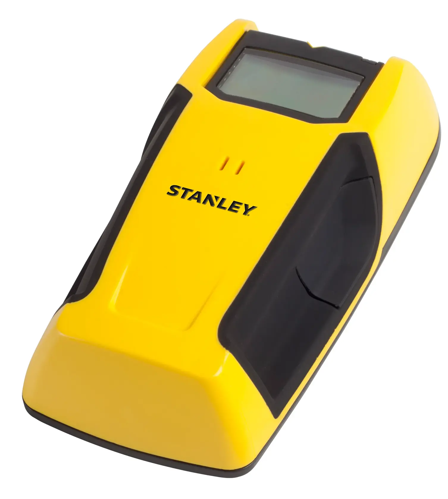 STANLEY STHT0-77406 electronic stud finder, yellow and black, angled view on white background.