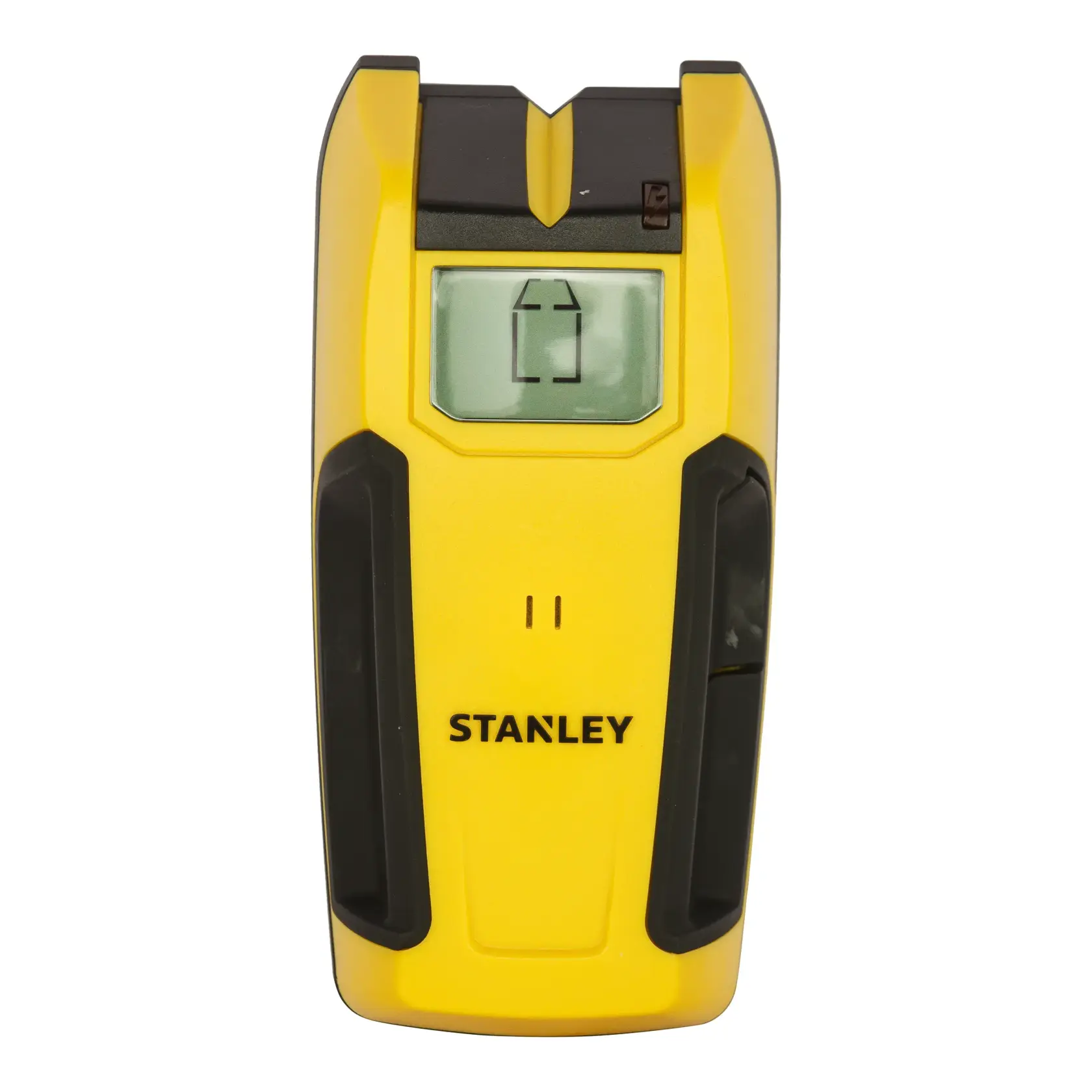 STANLEY STHT0-77406 yellow and black stud finder, front view, with digital display.