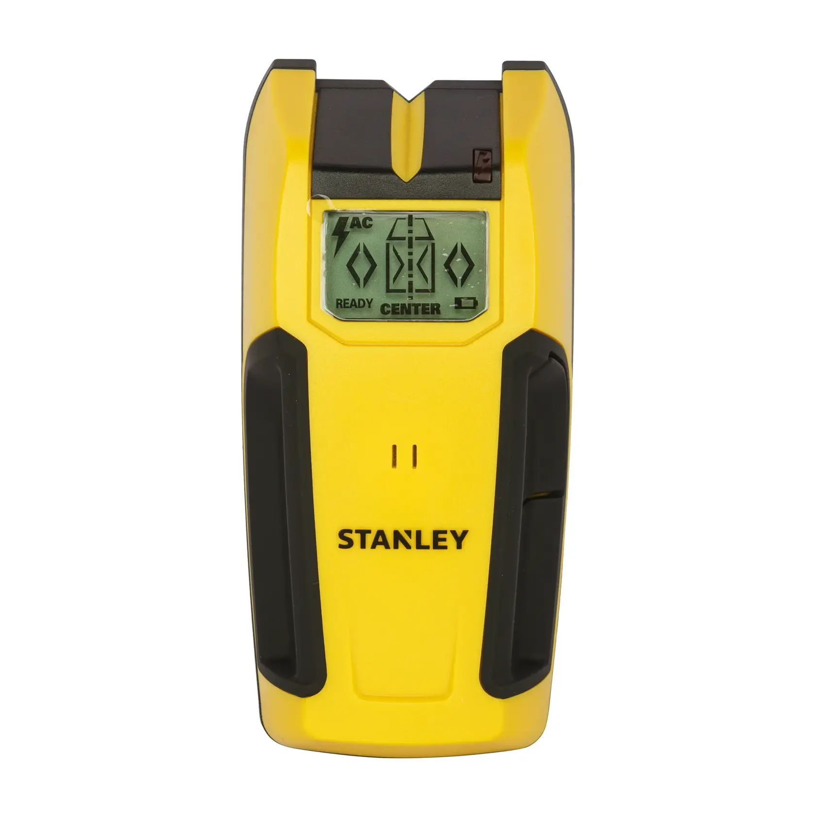 Stanley yellow electronic stud finder with LCD screen for wall scanning and detection.