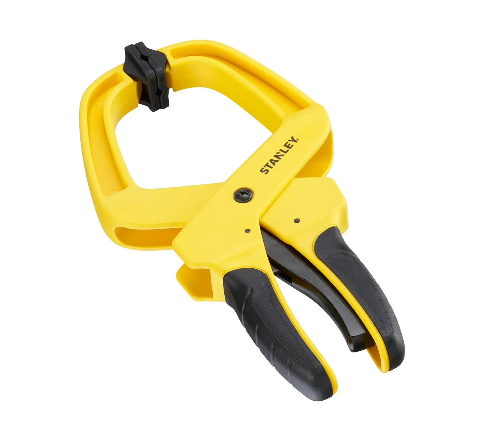 Photo of STANLEY STHT0-83200 yellow and black spring clamp, angled view on white background.