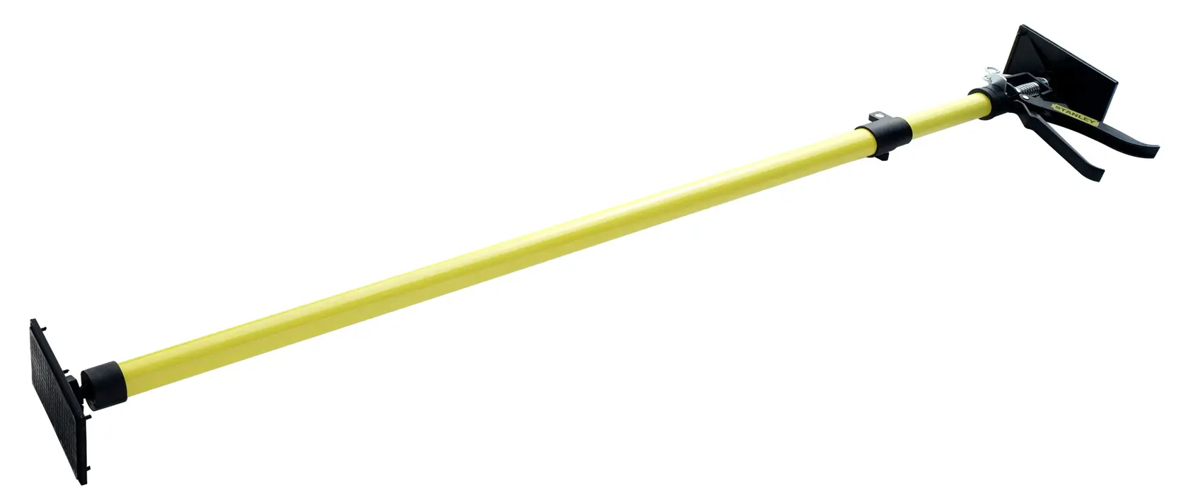 Stanley adjustable yellow pole tool with black pads at both ends for supporting or securing materials.