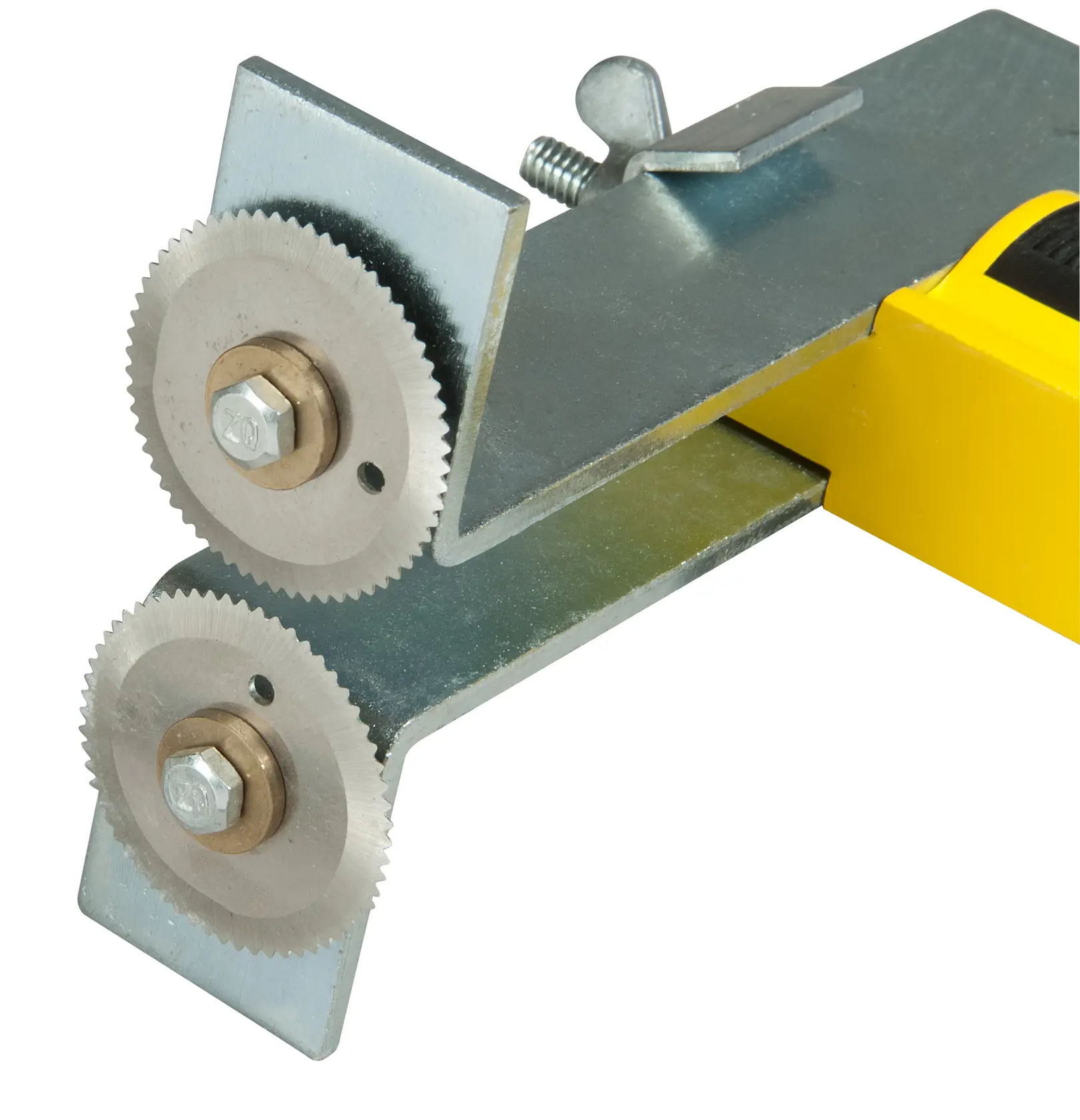 Close-up of a Stanley tool with two metal gear wheels and yellow handle for sheet metal cutting.