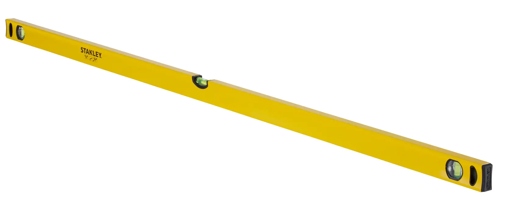 Yellow Stanley spirit level tool with three bubble vials, used for aligning surfaces in construction and photography.