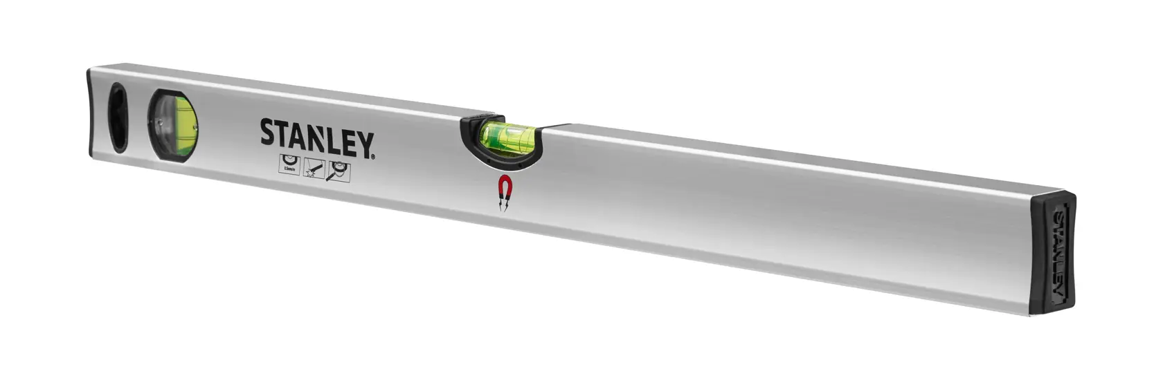 Stanley metal spirit level with bubble vials for measuring horizontal or vertical alignment.