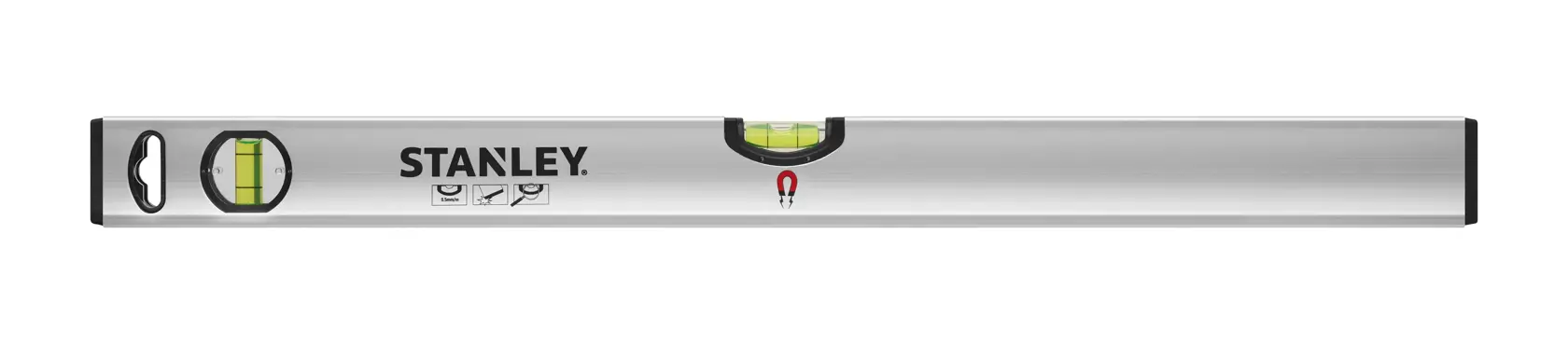 STANLEY STHT1-43111 spirit level, silver, front angle, with integrated vials and black end caps.