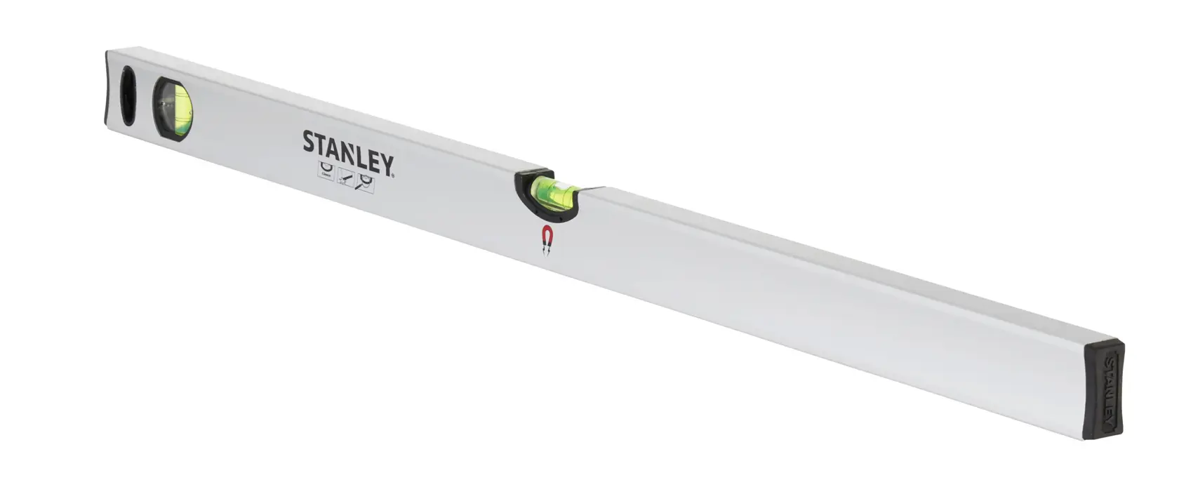 Stanley aluminum spirit level with two vials, used for accurate leveling in construction or photography.