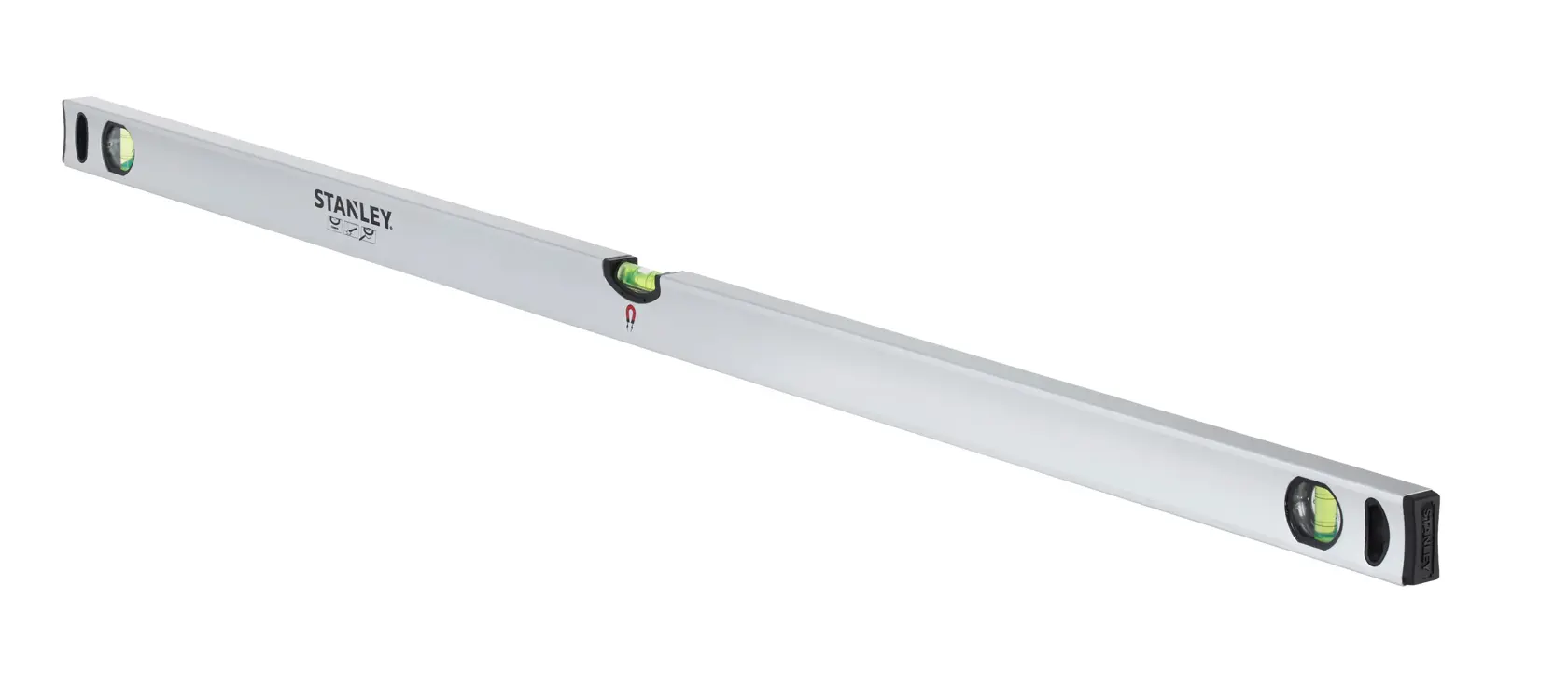 STANLEY STHT1-43114 spirit level, silver body, three vials, side angle, white background.