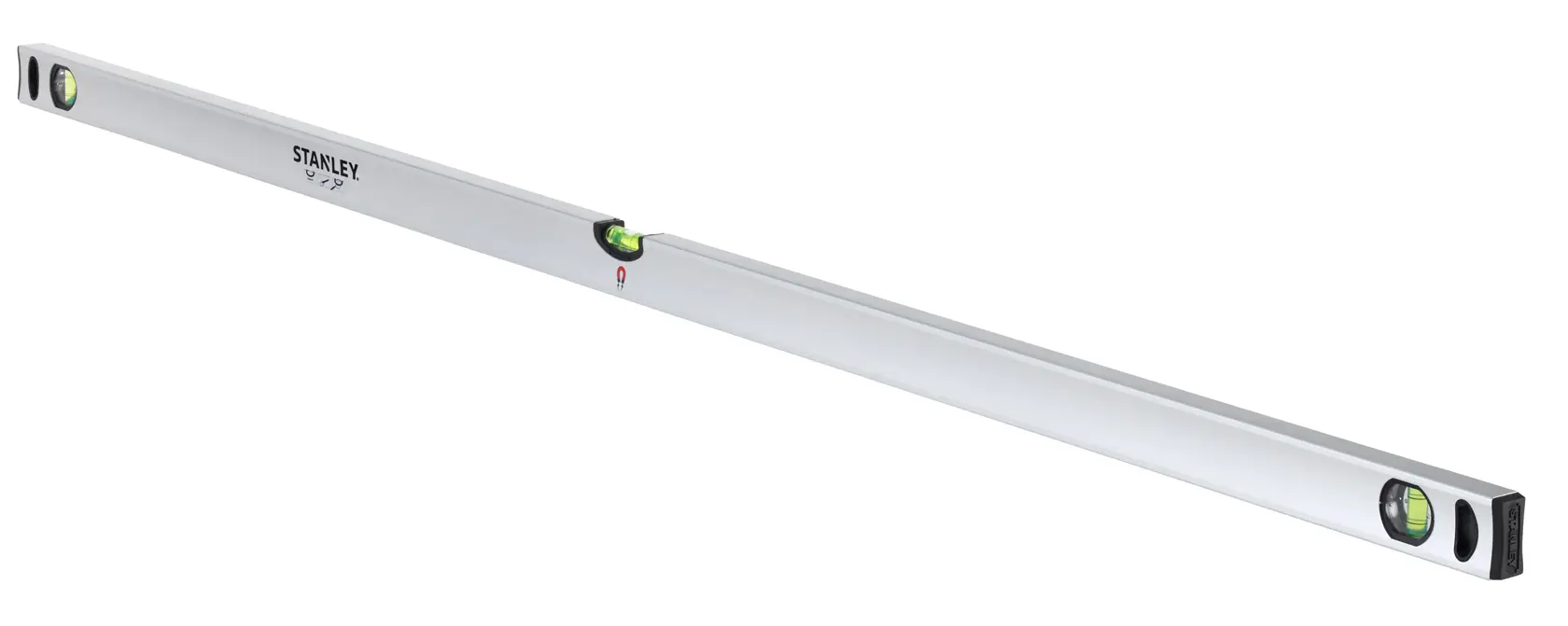 Aluminium spirit level with three bubble vials, used for measuring horizontal or vertical alignment in construction.