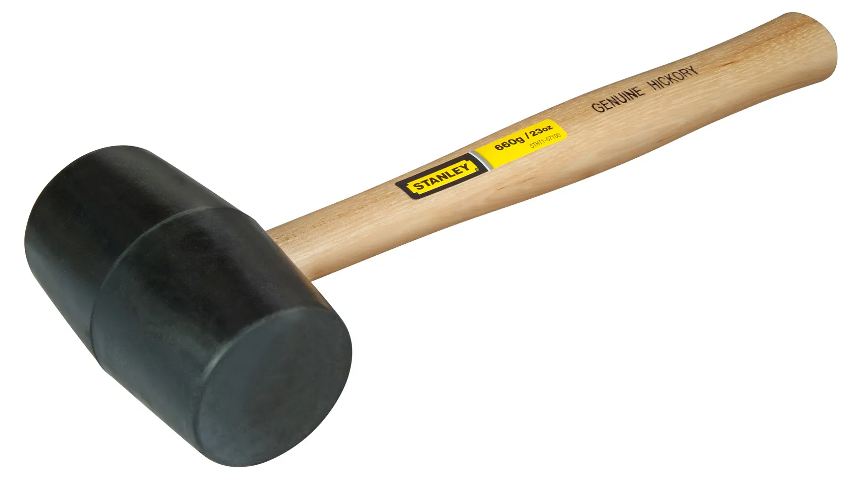 Stanley STHT1-57100 black rubber mallet with wooden handle, side angle, photography product.