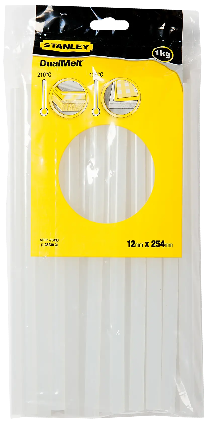 STANLEY STHT1-70430 glue sticks pack, clear, DualMelt, 12mm x 254mm, front view on white background.