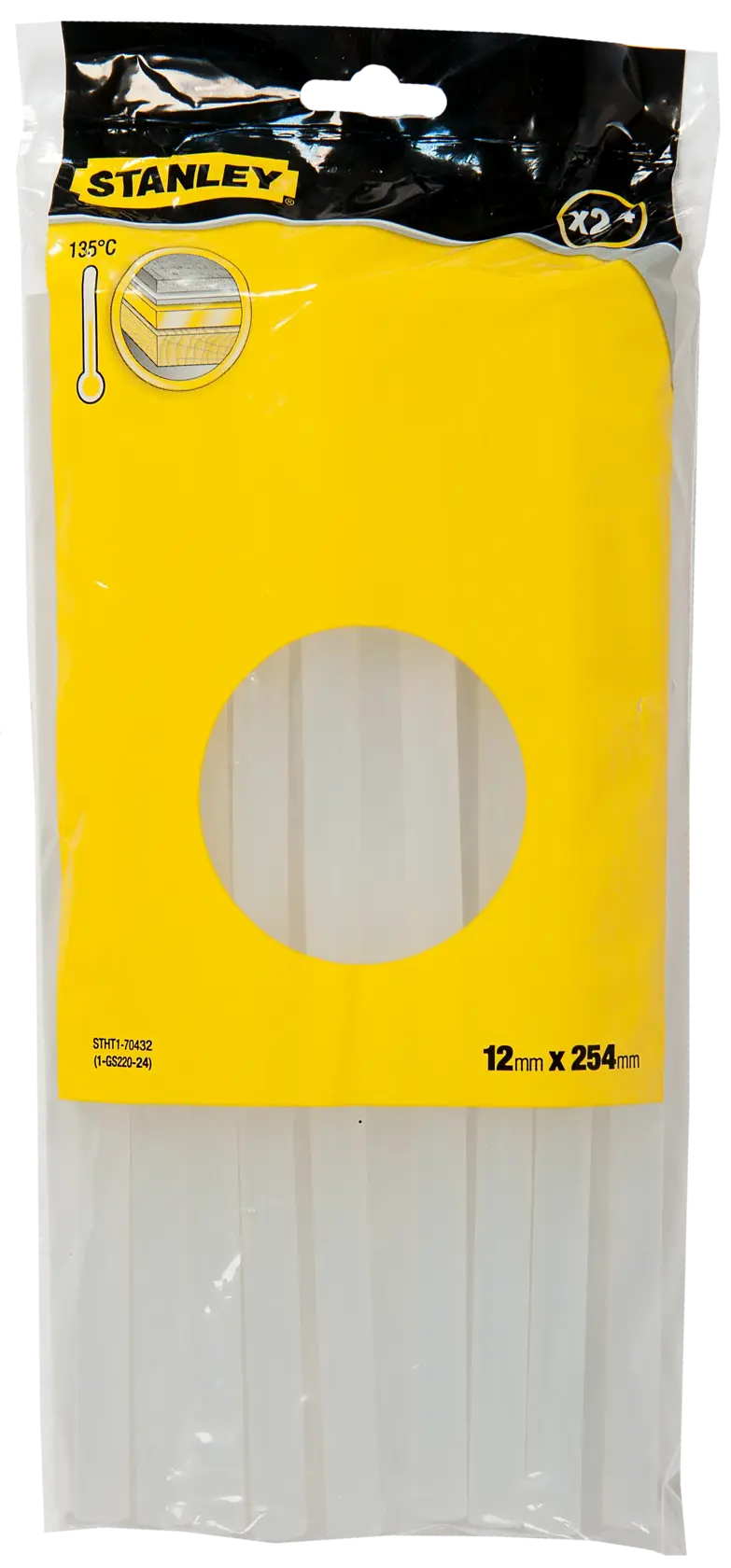 A pack of Stanley glue sticks in a clear plastic bag with a yellow and black label. The label shows the Stanley brand, a