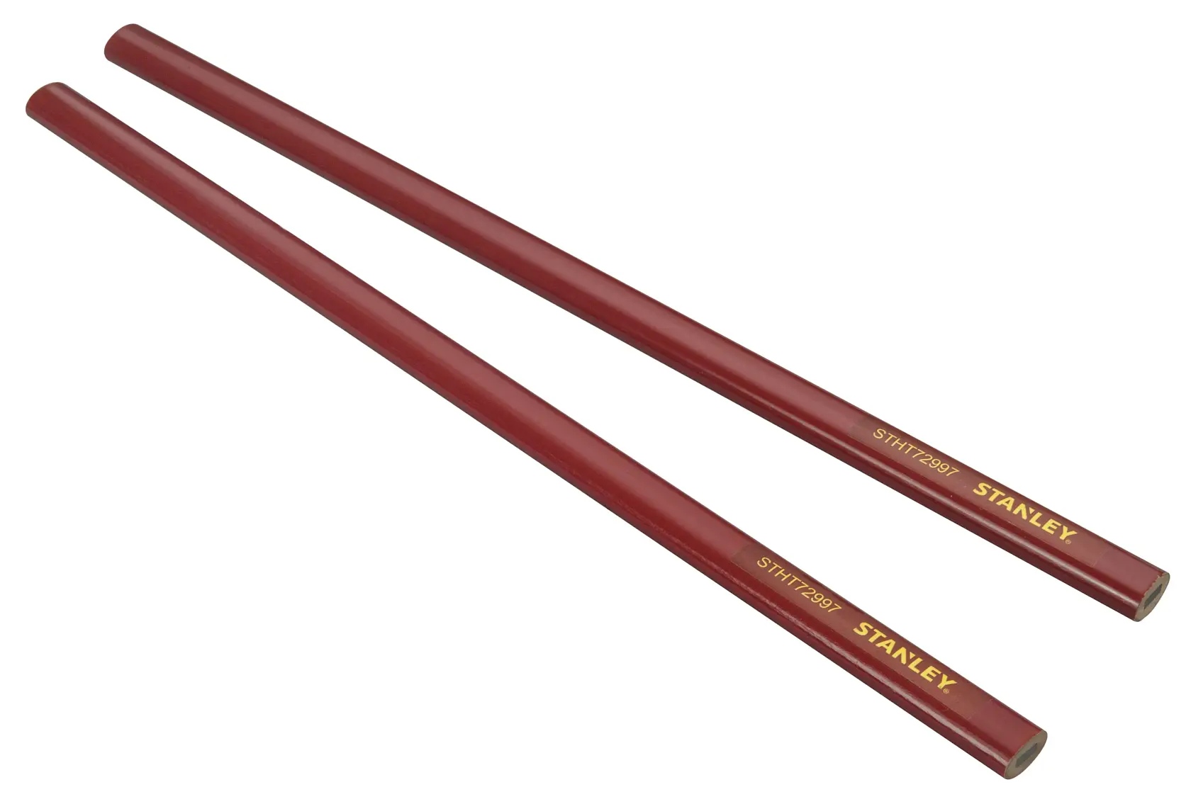 STANLEY STHT1-72997 red carpenter pencils, pack of two, angled view on white background.