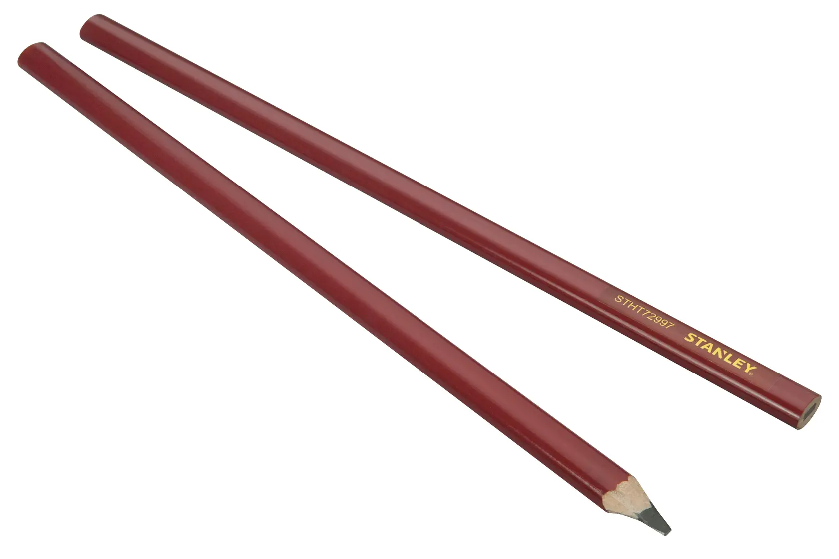 Photo of STANLEY STHT1-72997 red carpenter pencils, one sharpened, one unsharpened, side angle on white.