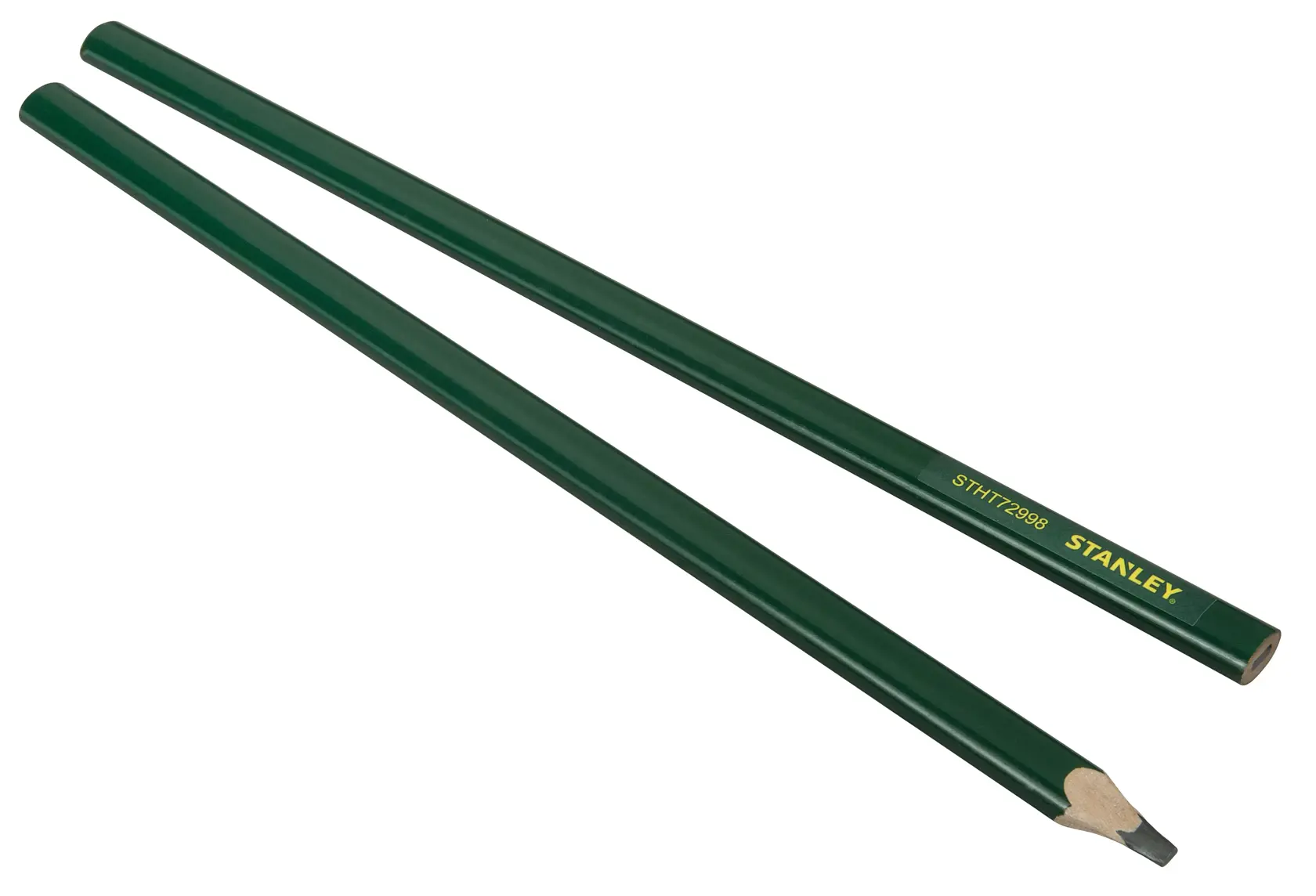 STANLEY STHT1-72998 green carpenter pencils, set of two, side angle on white background.