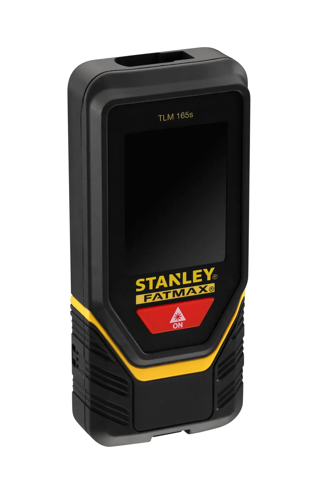 Photo of STANLEY STHT1-77139 FATMAX laser distance measurer, black and yellow, front angled view.