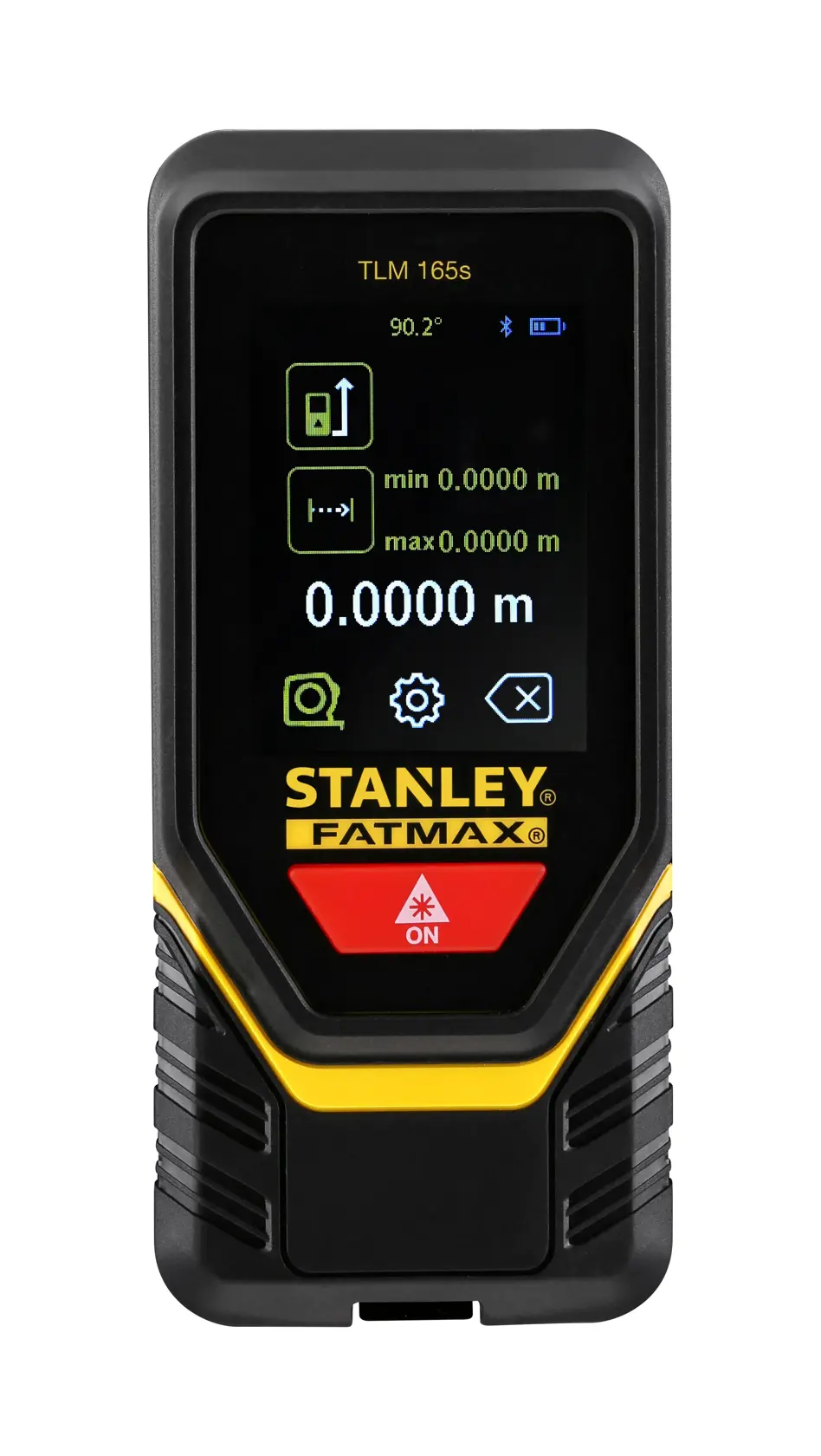 Photo of STANLEY STHT1-77139 laser distance measurer, front angle, black and yellow design with digital display.