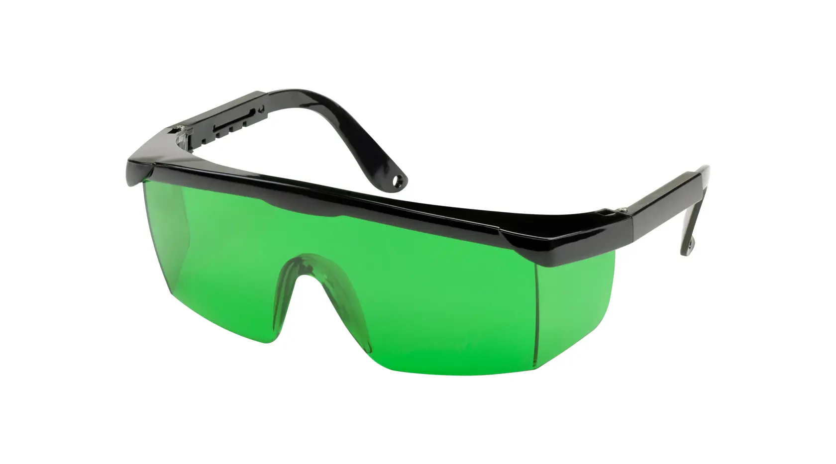 STANLEY STHT1-77367 green lens safety glasses, black frame, photography, front angled view.