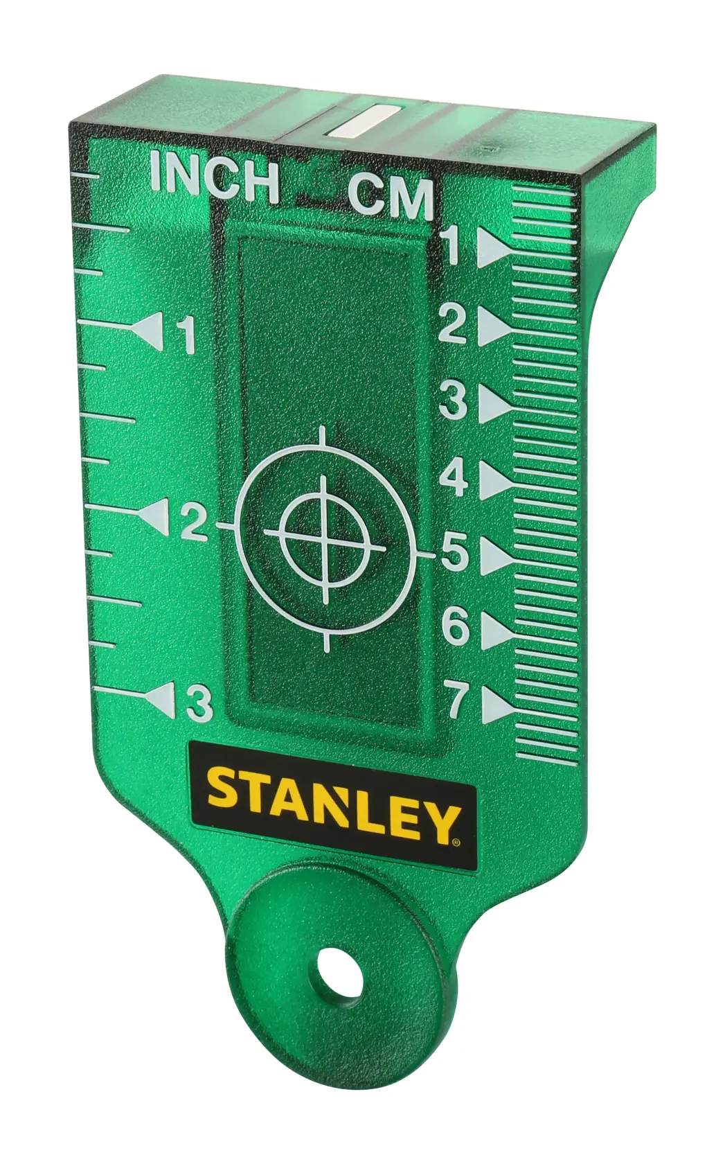 Green STANLEY laser target plate with inch and cm scales for measurement and alignment.