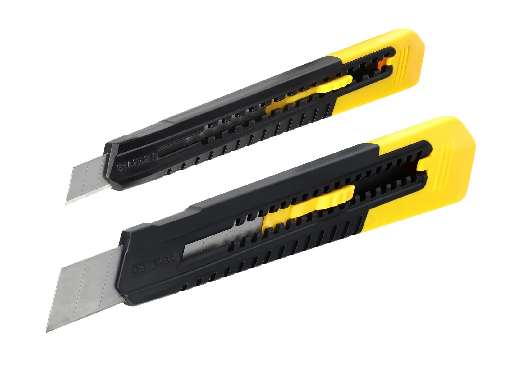 Two Stanley retractable utility knives with black and yellow handles and segmented blades are shown side by side.