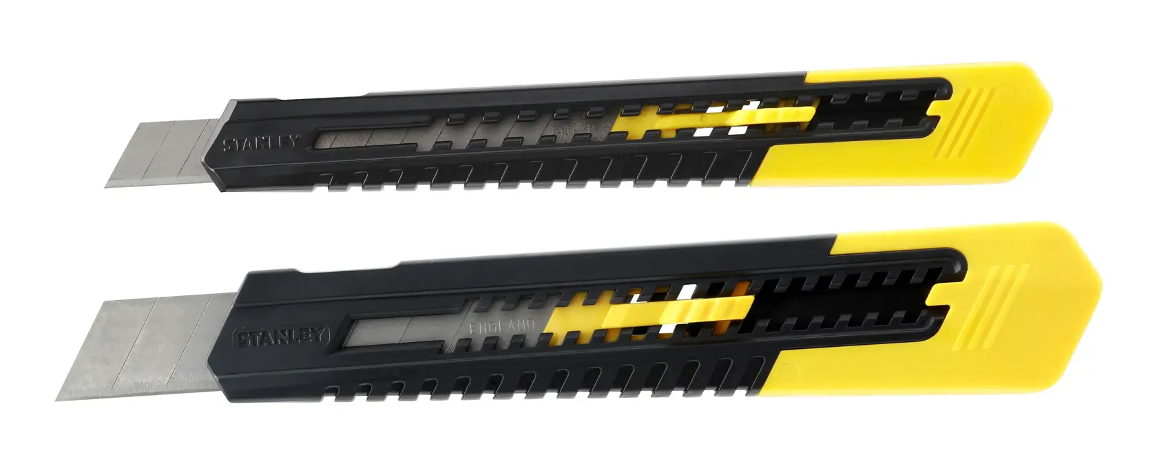 Two Stanley utility knives with black and yellow handles and retractable blades on a white background.