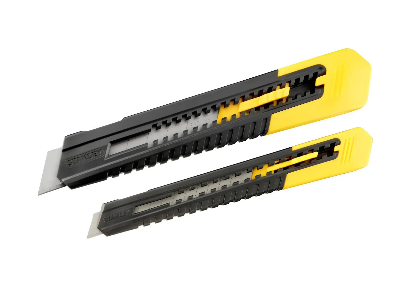STANLEY STHT10202-0 utility knife set, two retractable snap-off knives, black and yellow, front angle on white.