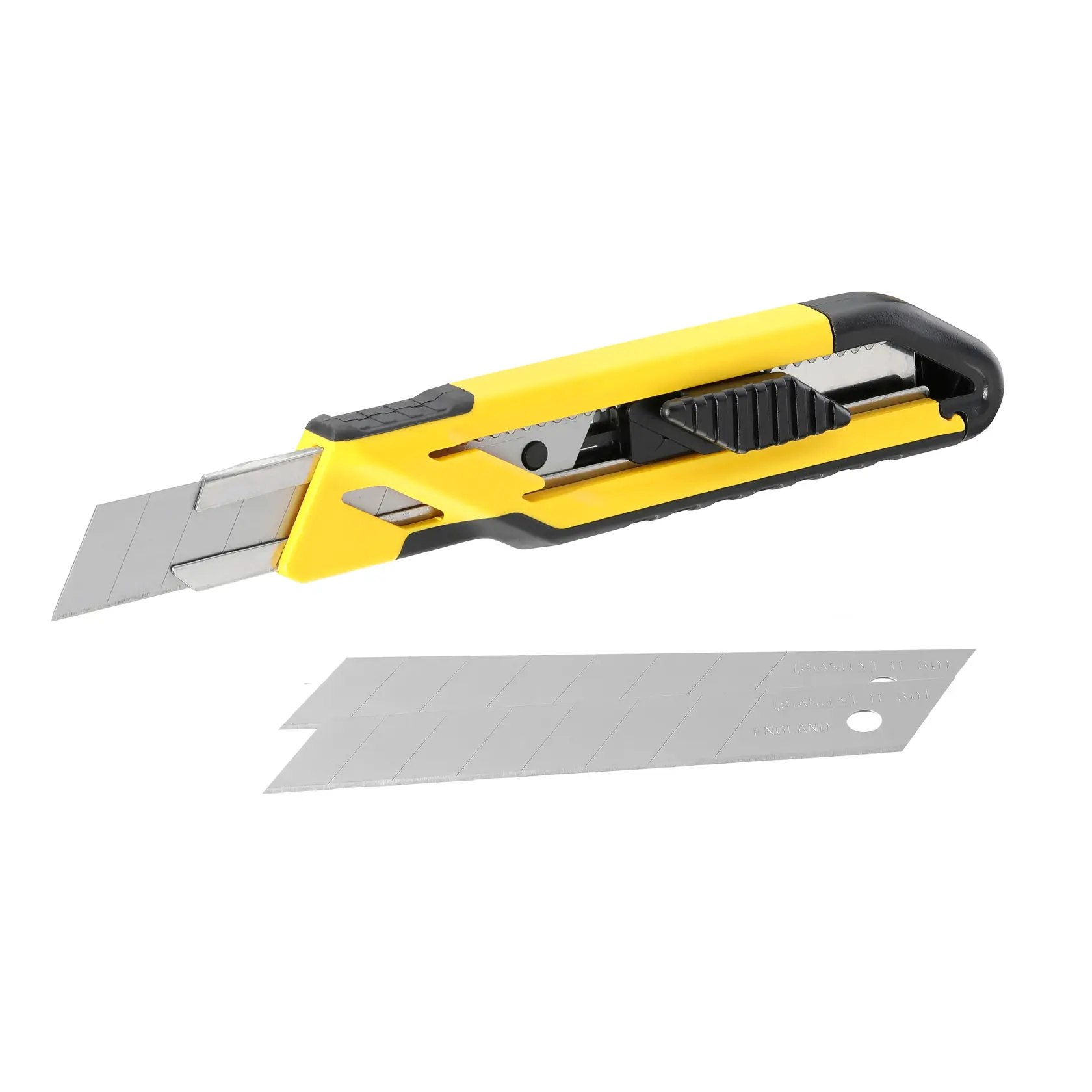 STANLEY STHT10266-0 utility knife with segmented blade, yellow and black, side view with spare blades.