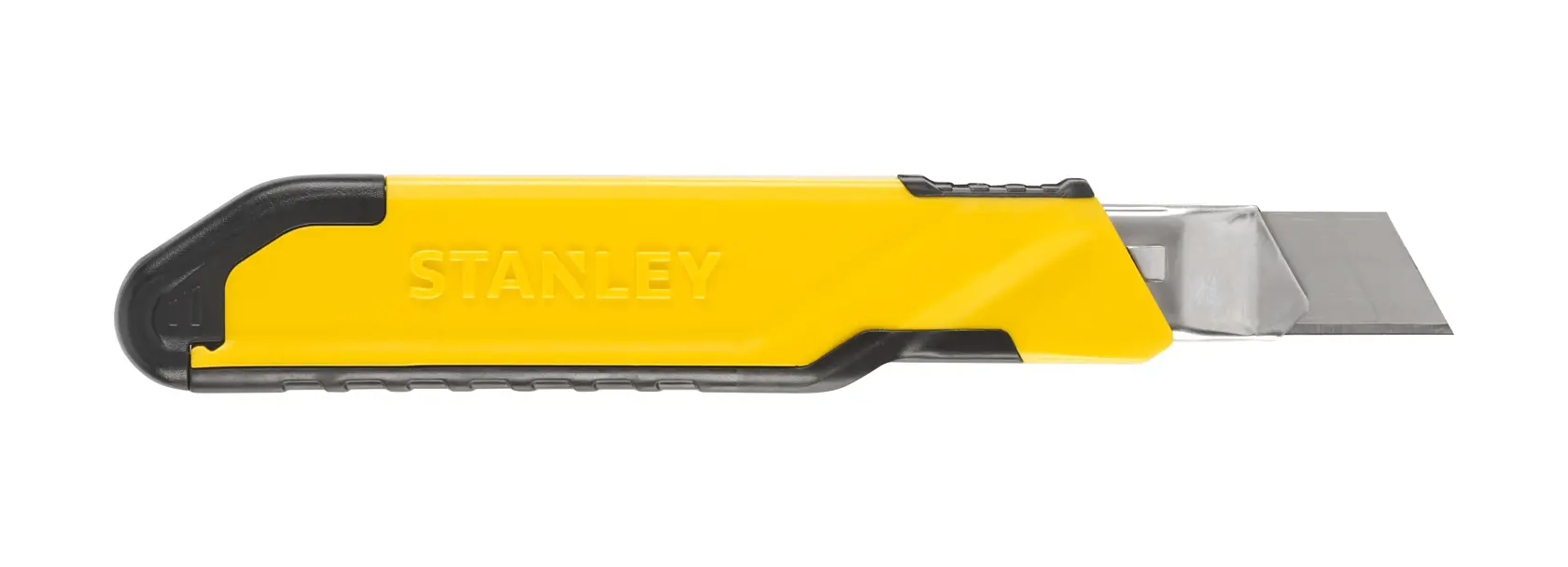 Stanley STHT10266-1 yellow and black utility knife, photography, side view on white background.