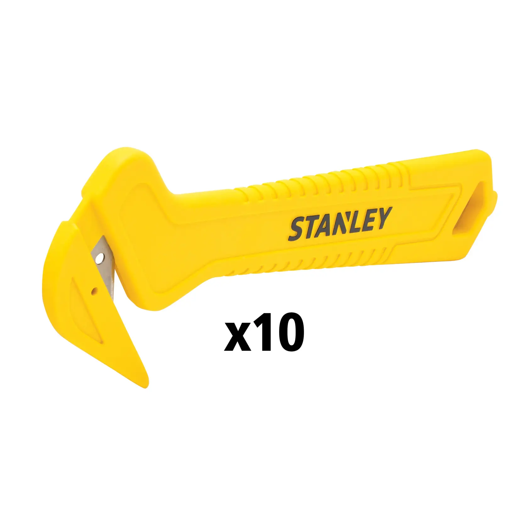 STANLEY STHT10355-1 yellow safety knife side view, pack of ten on white background.