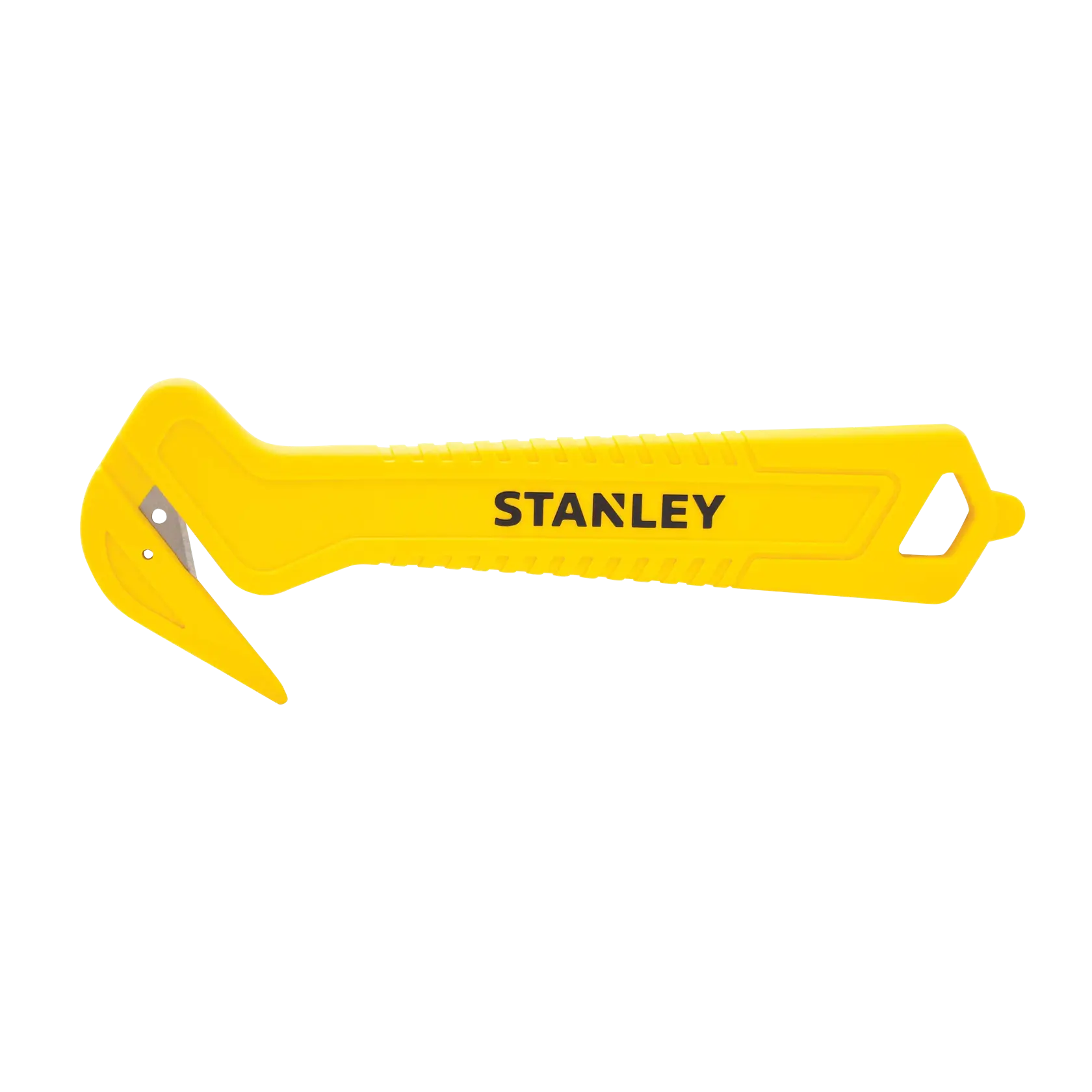 Photo of STANLEY STHT10355-1 yellow safety cutter with hook blade, shown from side on white background.
