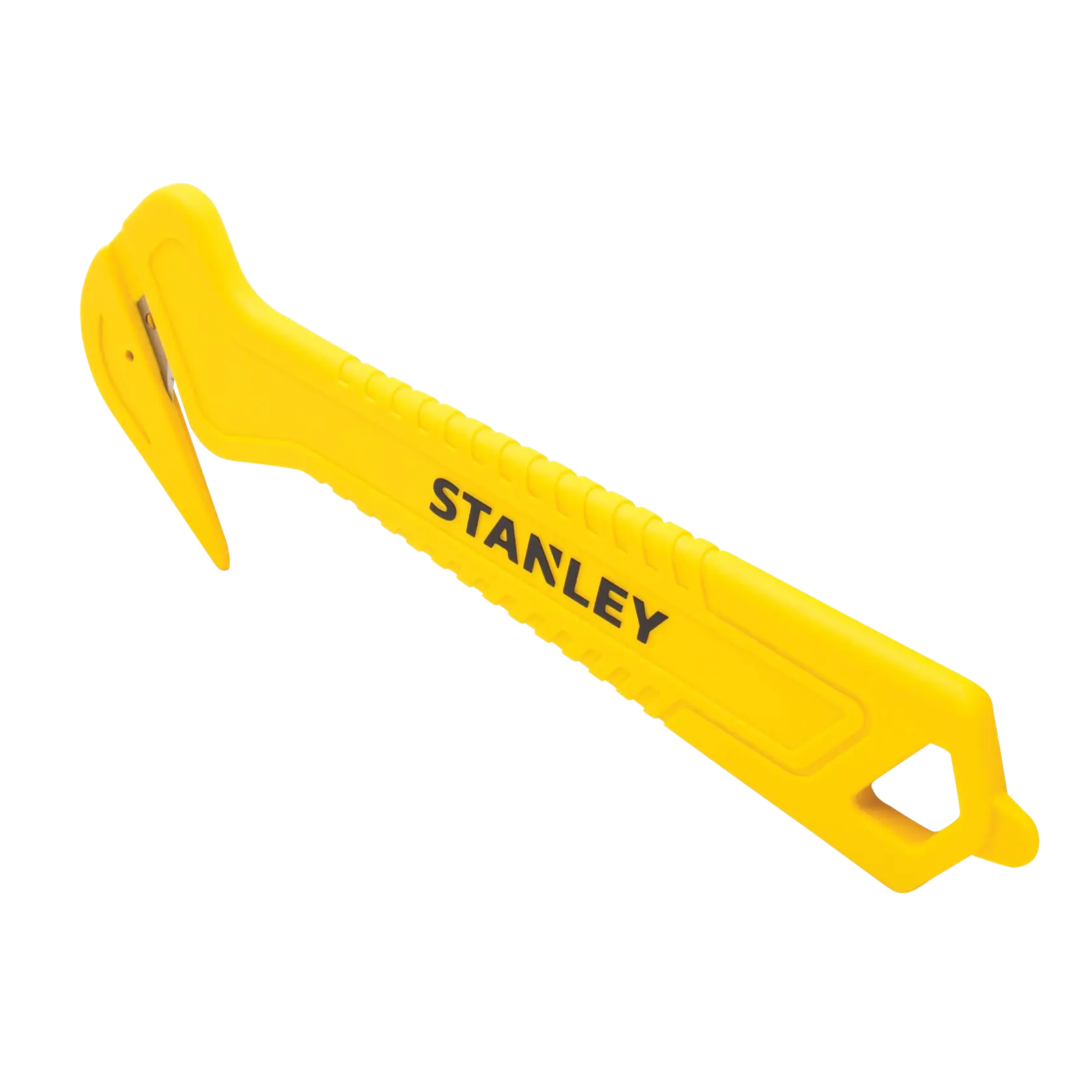 Photo of STANLEY STHT10355-1 yellow safety cutter tool, angled view on white background.