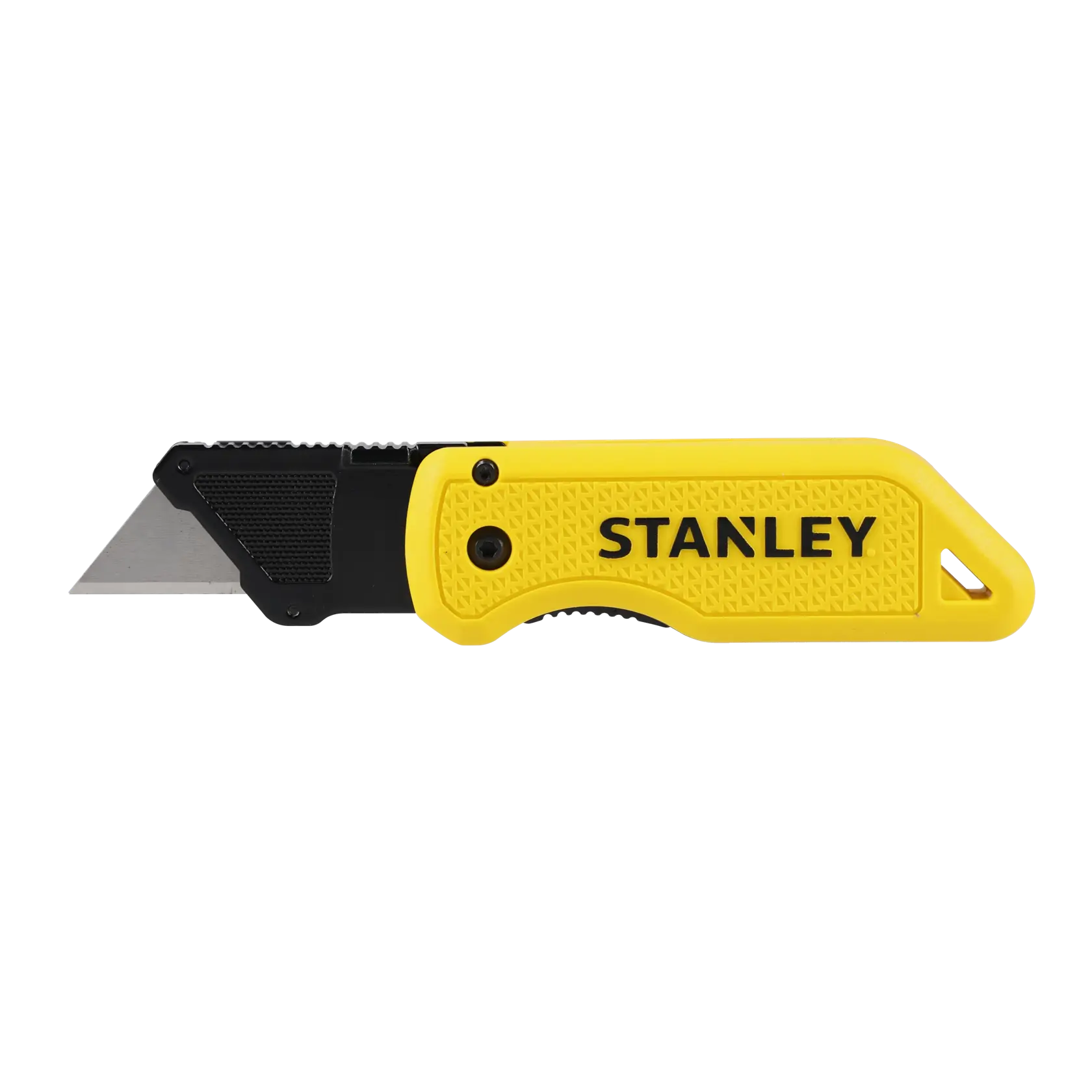 STANLEY STHT10520-0 utility knife with yellow textured handle and black blade, side view on white background.