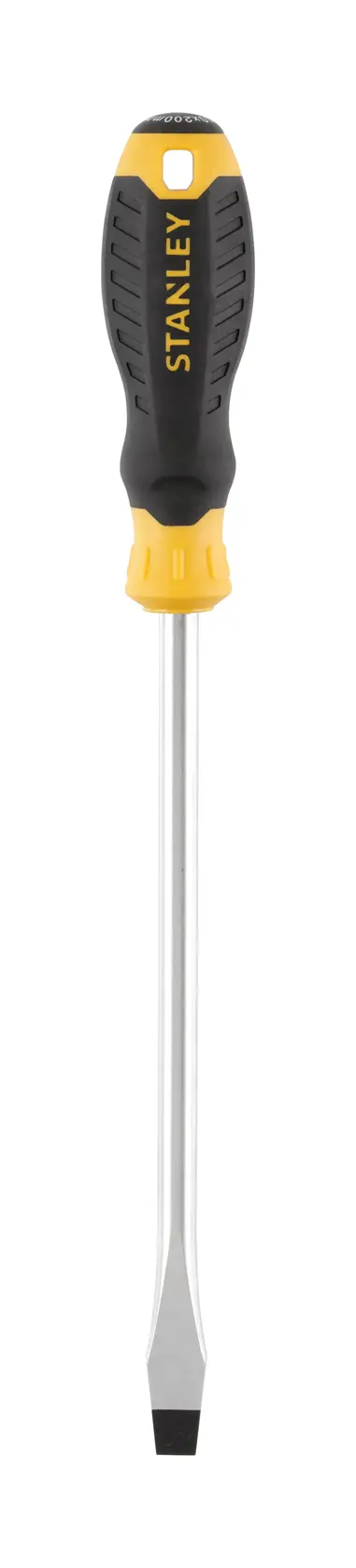 STANLEY STHT16150-0 flat head screwdriver, black and yellow handle, front angle, photography.