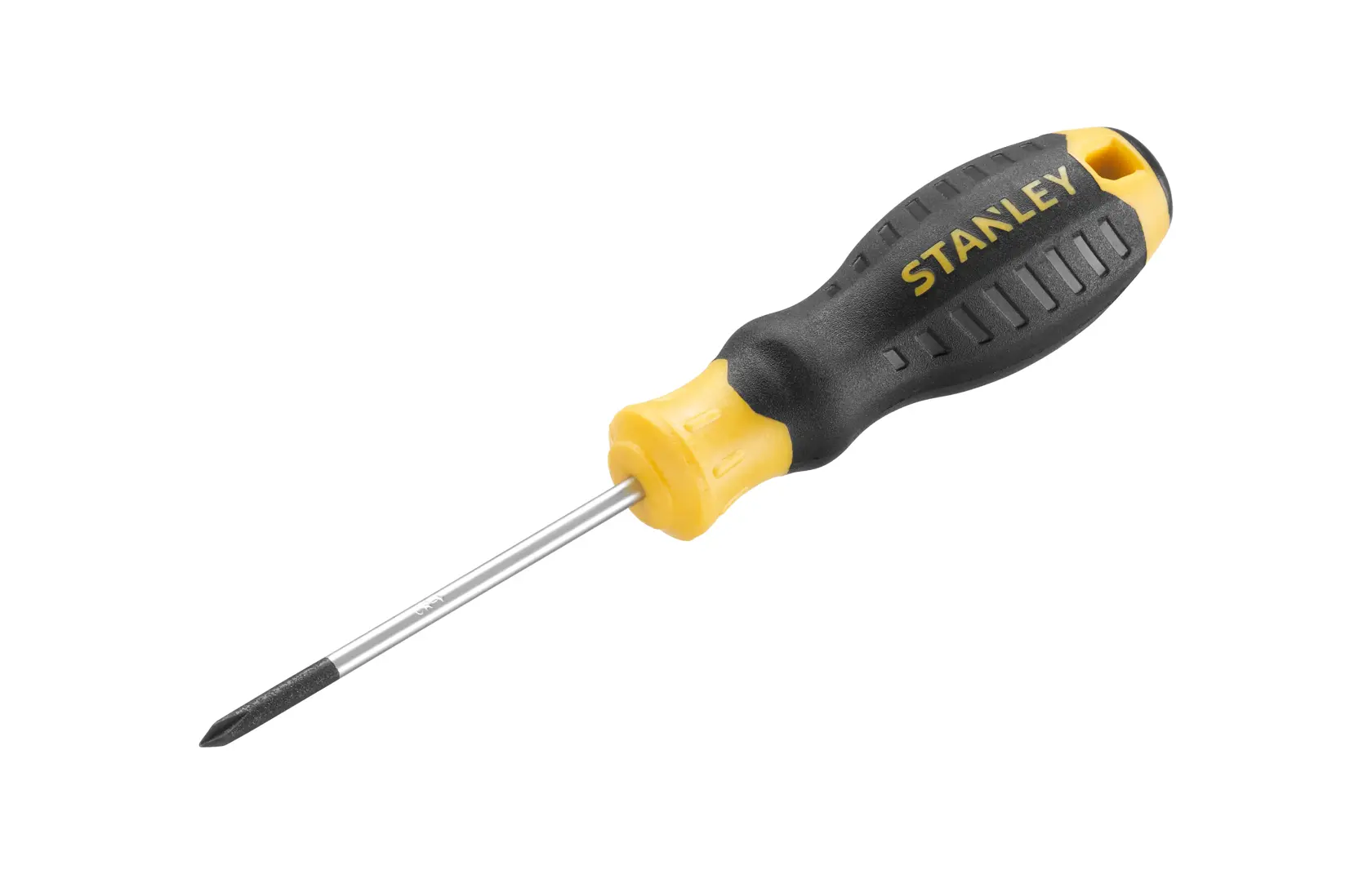 STANLEY STHT16153-0 screwdriver with black and yellow handle, side angle, on white background.