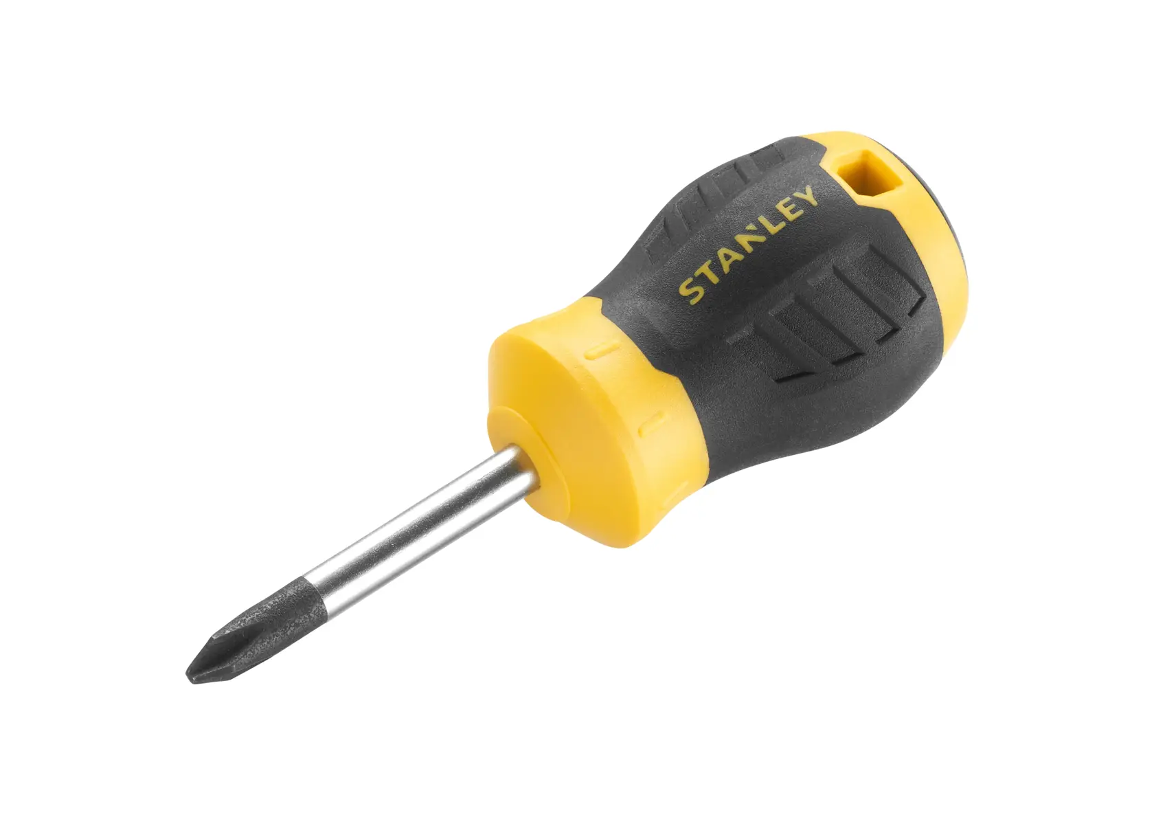 STANLEY STHT16157-0 stubby Phillips screwdriver with yellow and black handle, side angle, white background.