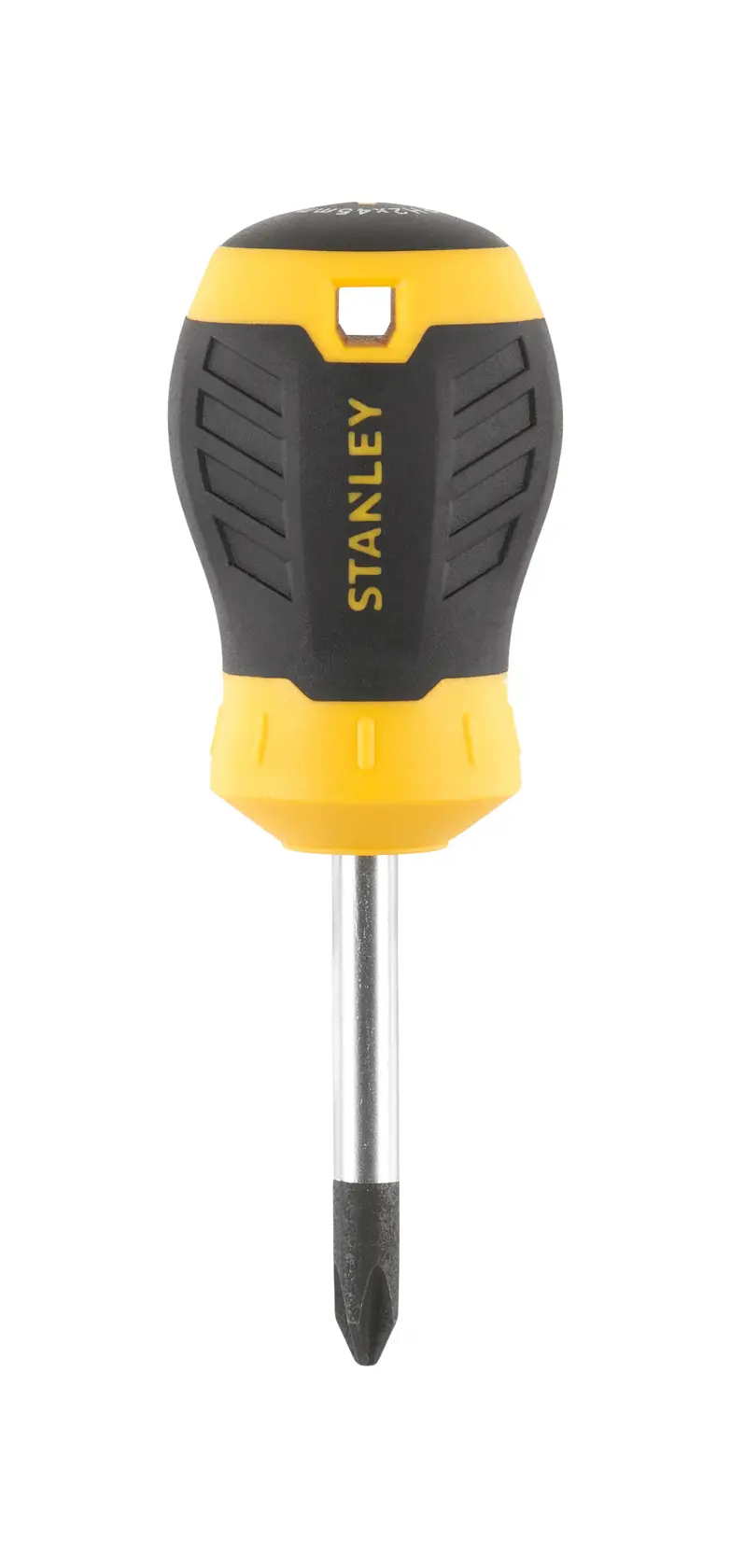 STANLEY STHT16157-0 stubby Phillips screwdriver, yellow and black handle, front view, hand tool.