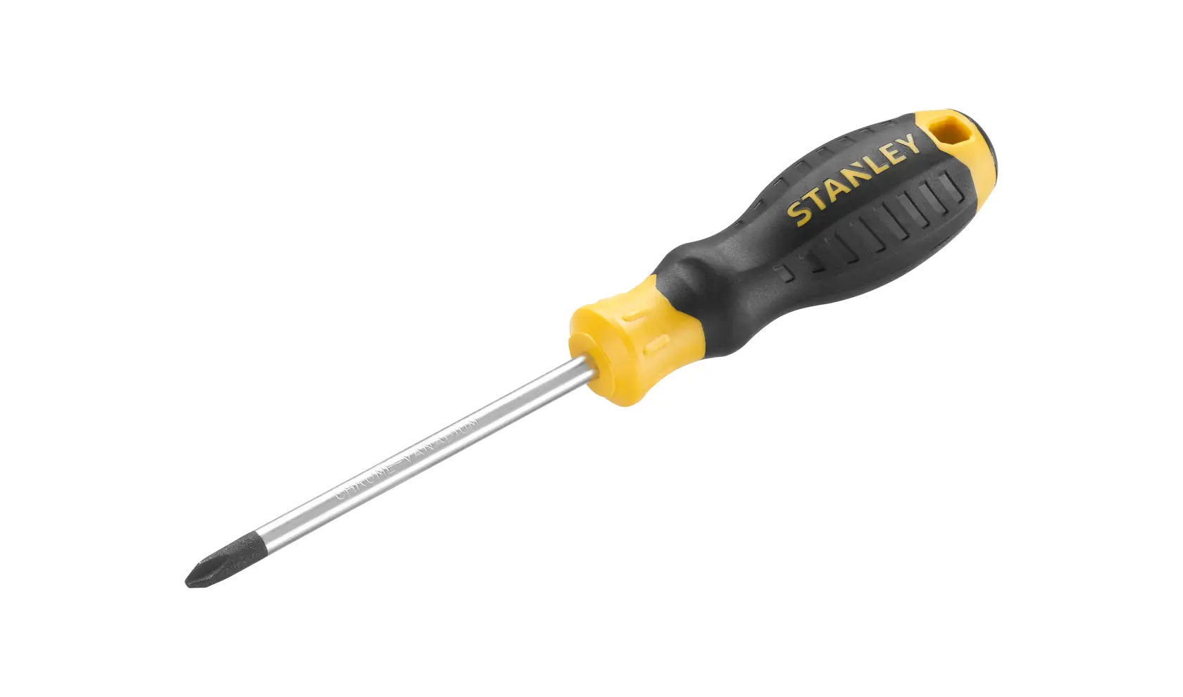 STANLEY STHT16158-0 Phillips screwdriver with black and yellow ergonomic handle, product side angle on white background.