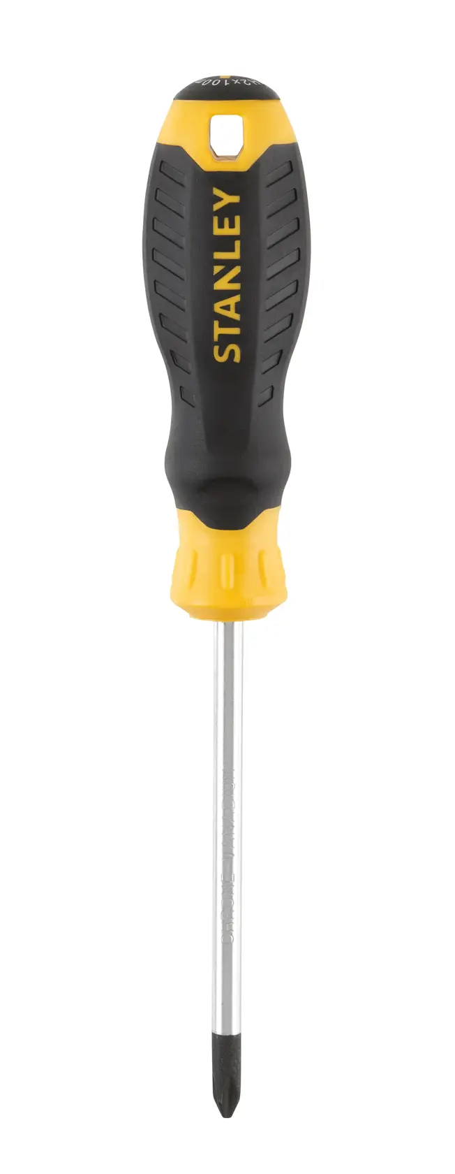 STANLEY STHT16158-0 Phillips screwdriver with black and yellow handle, front view, white background.