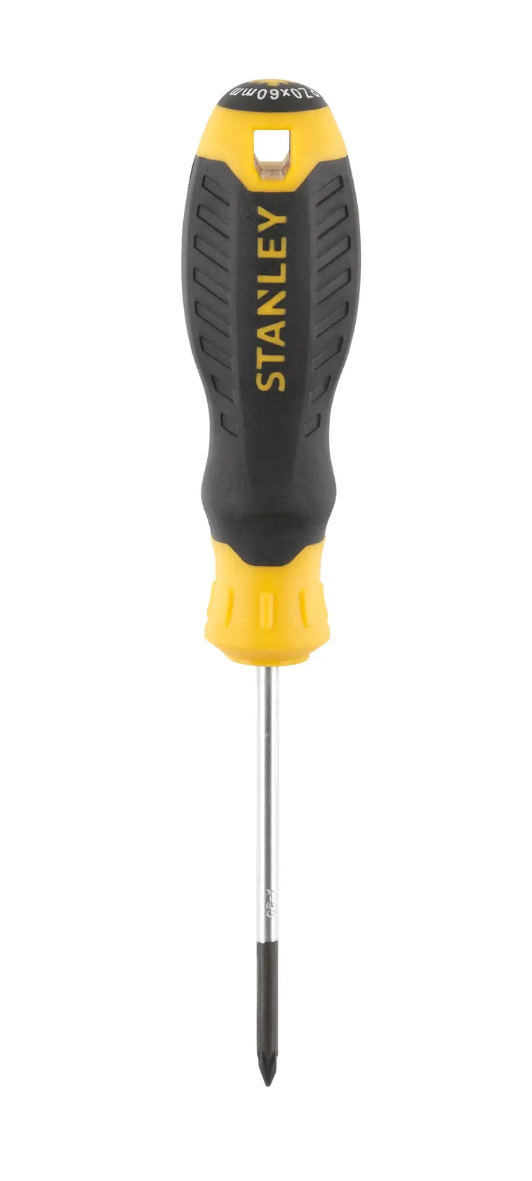STANLEY STHT16161-0 Phillips screwdriver with black and yellow handle, front angle on white background.